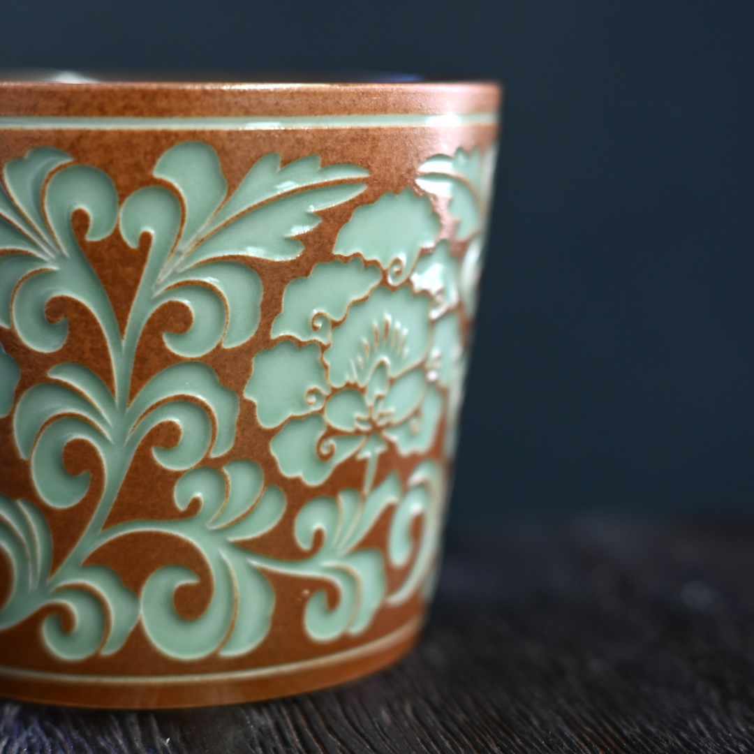 celadon coffee mug – Longquan Celadon Peony Vine Large Teacup with Plant Ash Glaze by Kungfuyang