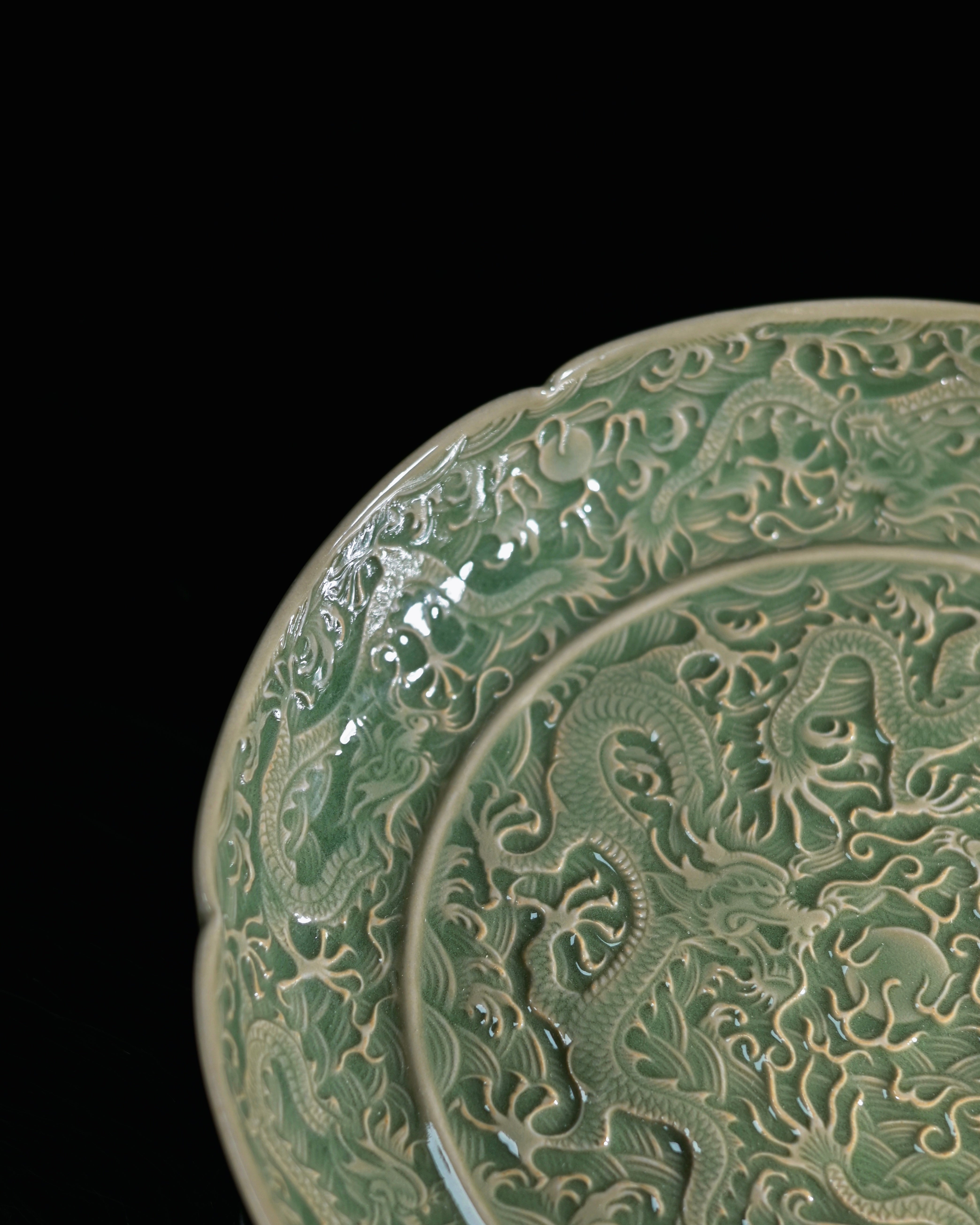 celadon dragon pearl decorative plate – Celadon Yaozhou Olive-Green Glaze Nine Dragons Plate by Kungfuyang