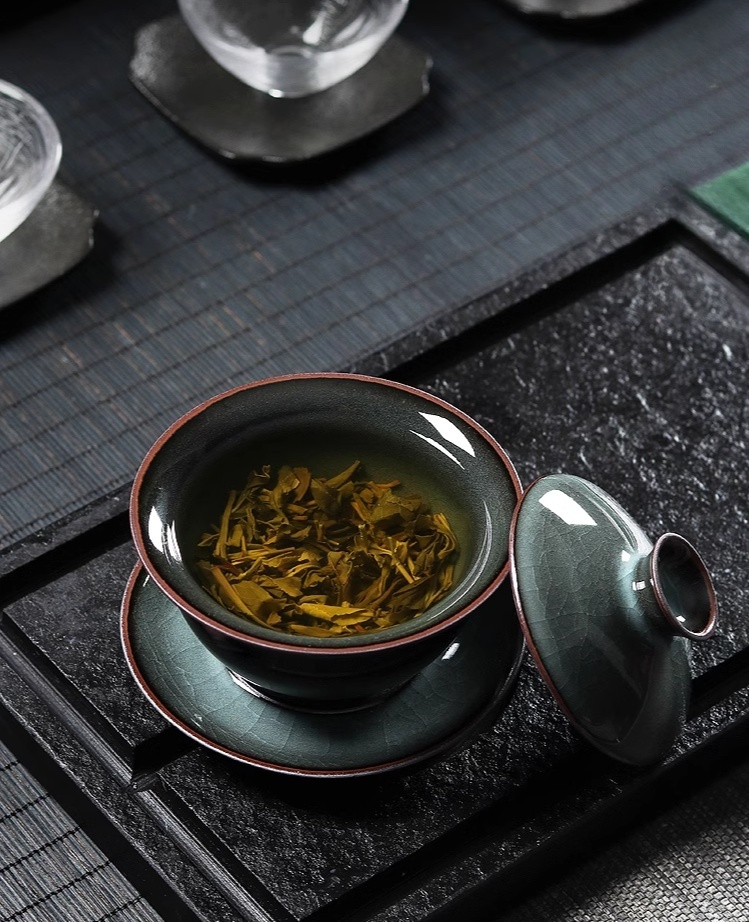 celadon iron green crackle gaiwan set – Longquan Celadon Tea Bowl(Gaiwan) Iron Clay Dark Green by Kungfuyang