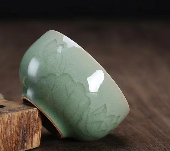 celadon jade like glaze teacup – Longquan Celadon Lotus Pattern Plum-green Teacup by Kungfuyang