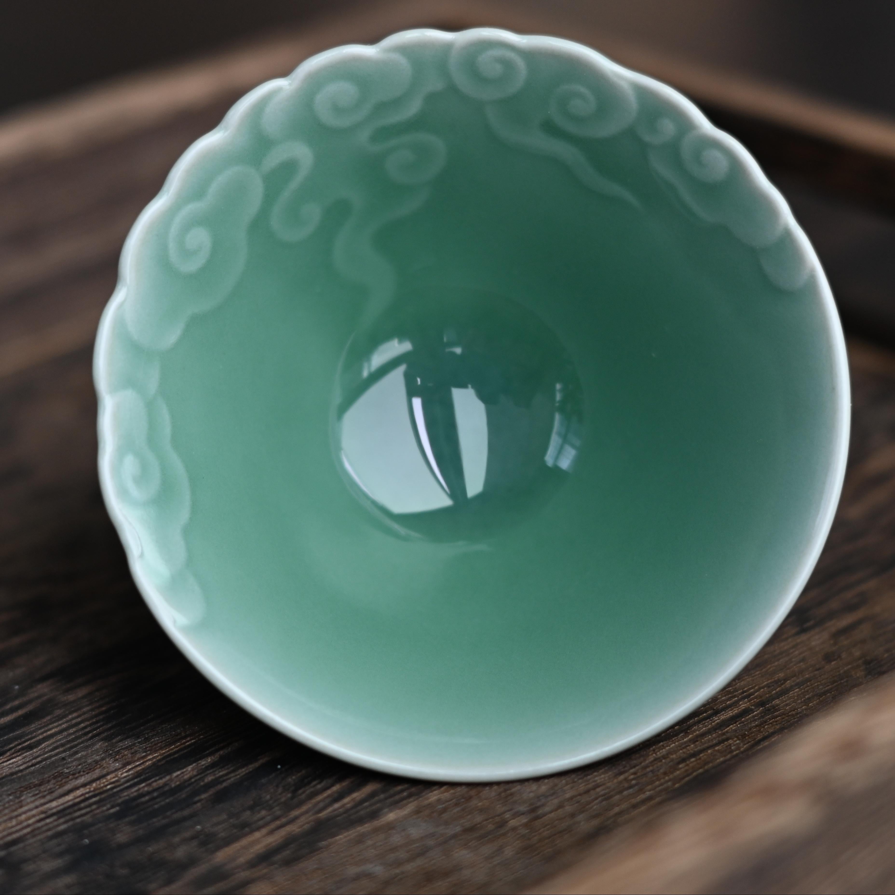 celadon plum green clouds pattern hat cup – Longquan Celadon Embossed Cloud Patterns Teacup by Kungfuyang