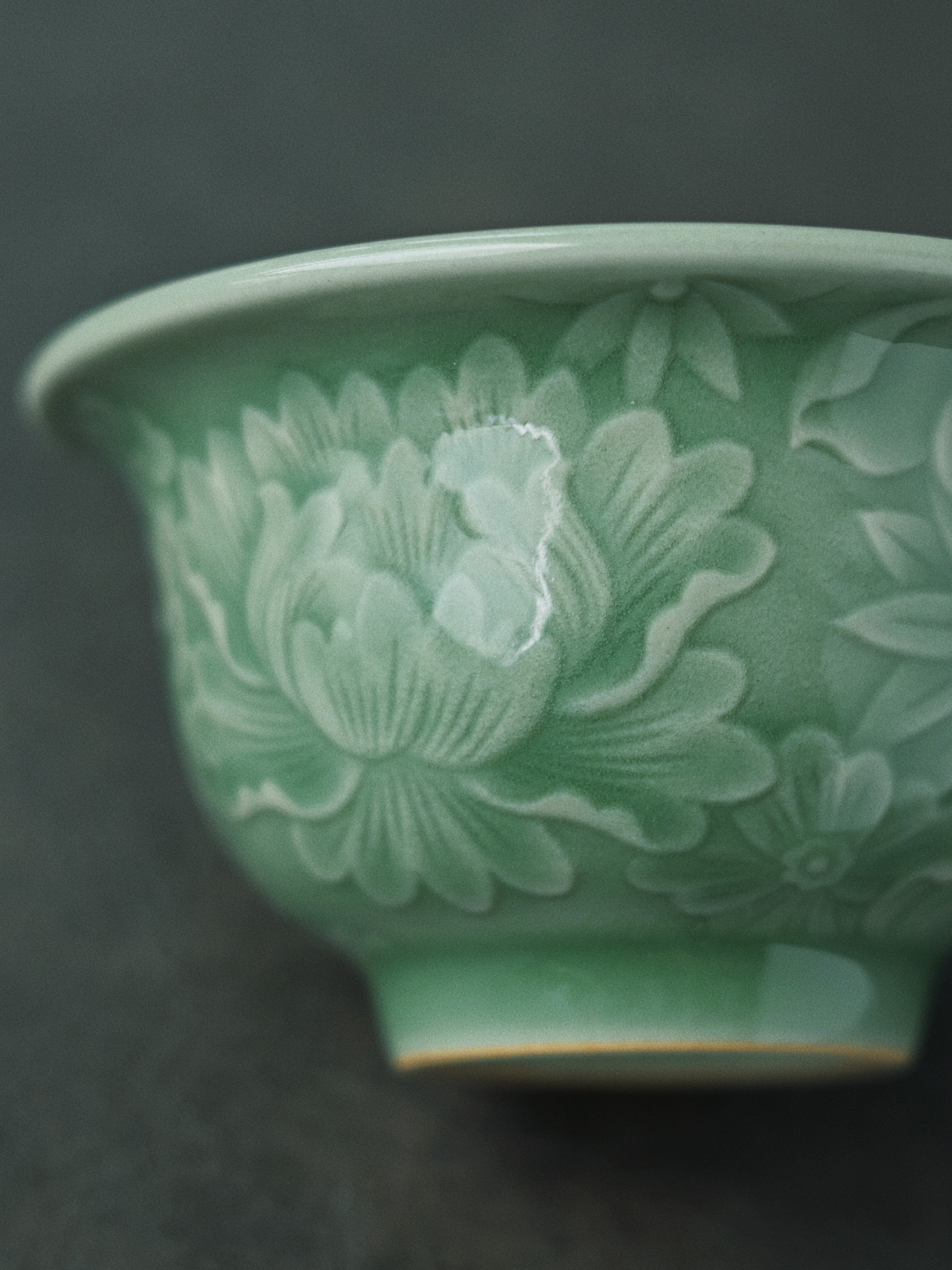 celadon plum green teacup 1 – Longquan Celadon Plum-Green Relief-Carved Flowers Press Hand by Kungfuyang