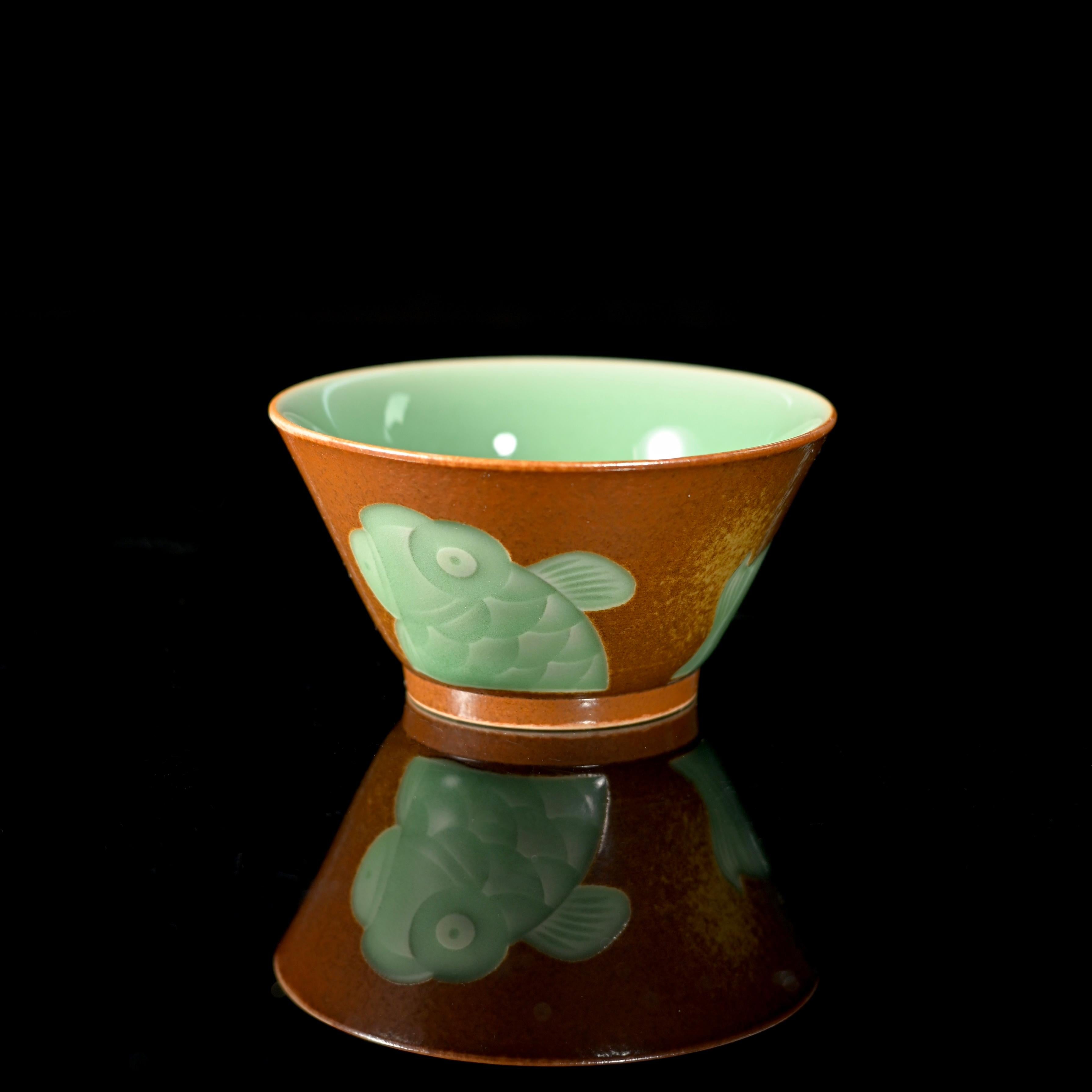 celadon puerh teacup – Longquan Celadon Ash and Plum Green Glaze Hand-Carved Fish by Kungfuyang
