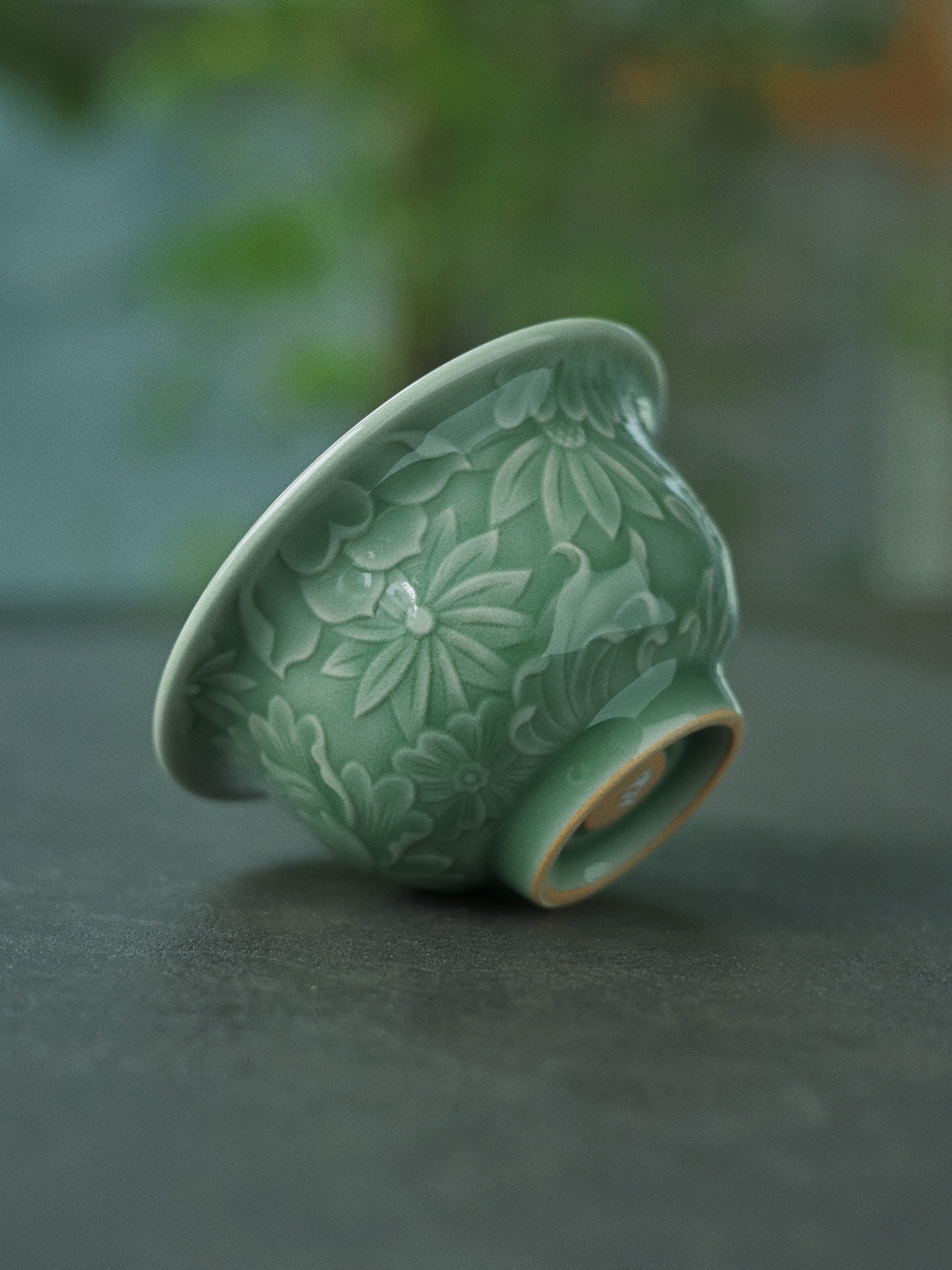 celadon relief carving flowers press hand – Longquan Celadon Plum-Green Relief-Carved Flowers Press Hand by, view 4-2