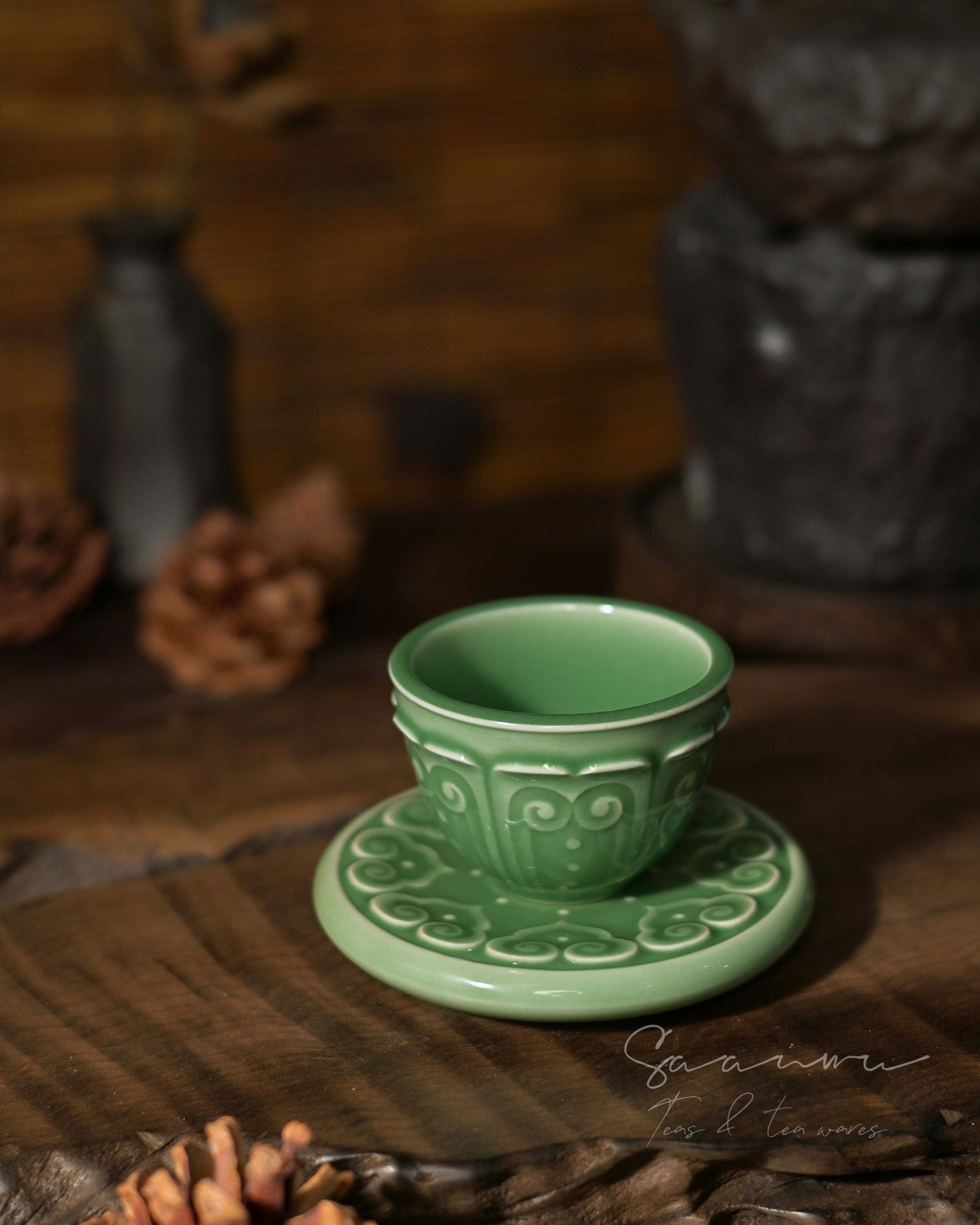 celadon tea cup baoxiang motif – Longquan Celadon Plum Green Glaze Baoxiang Teacup Set 80ml by Kungfuyang