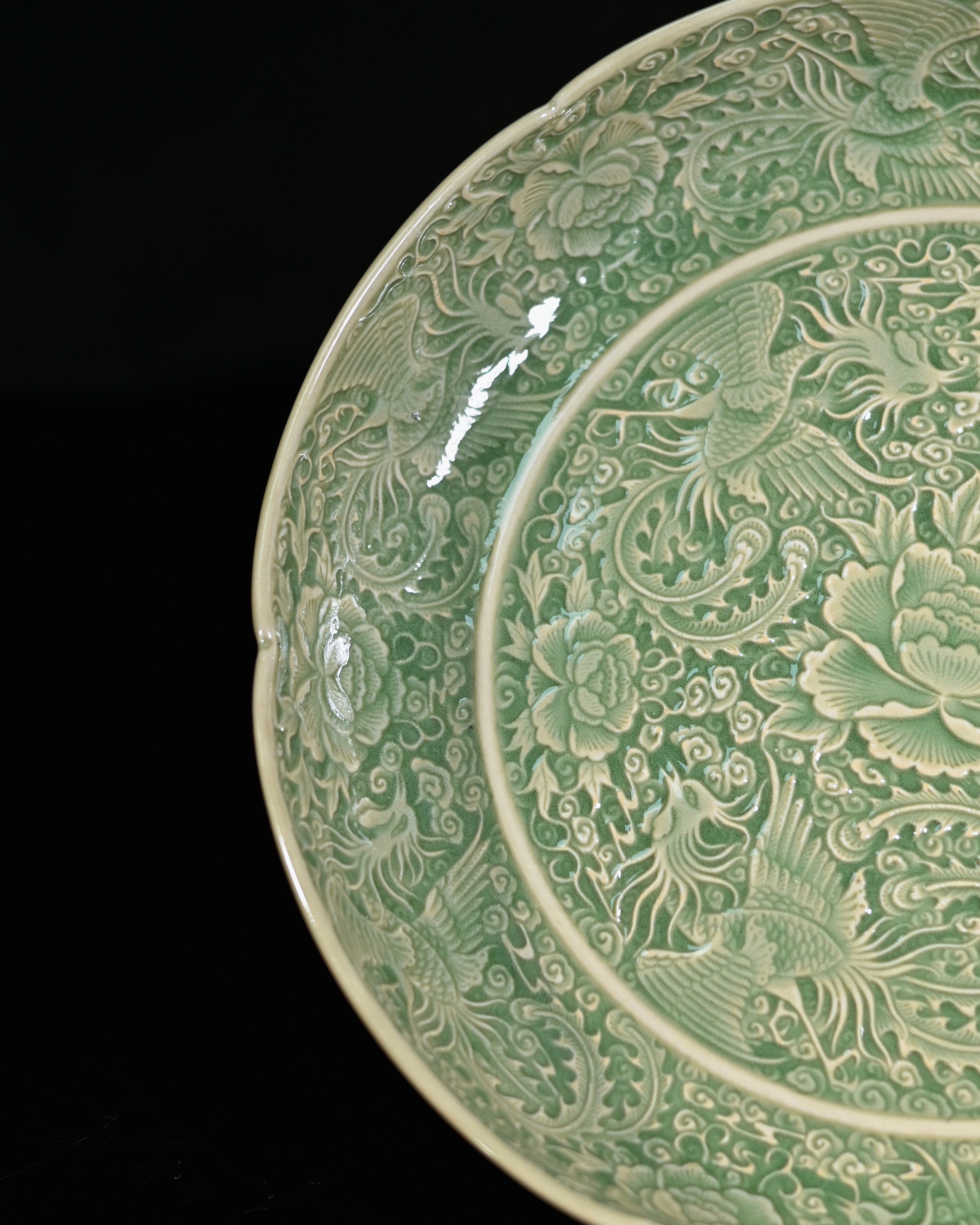 celadon tea tray plate – Celadon Yaozhou Olive-Green Glaze Nine Phoenixes Plate by Kungfuyang