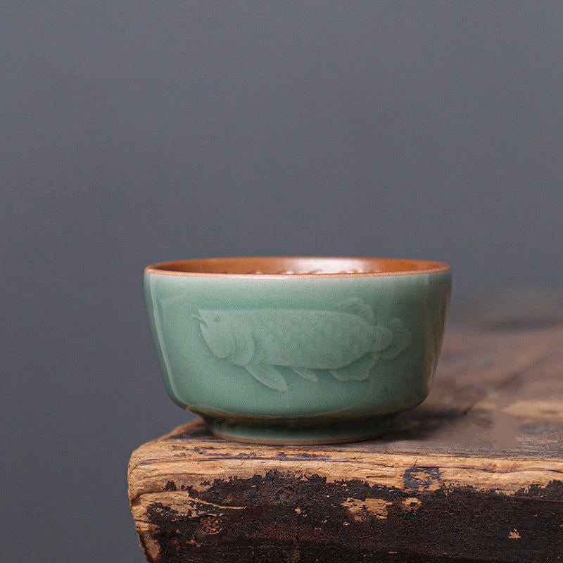 celadon teacup Kungfuyang – Longquan Celadon Dragon-Fish Plum Green Wood Ash Teacup 90ml by Kungfuyang