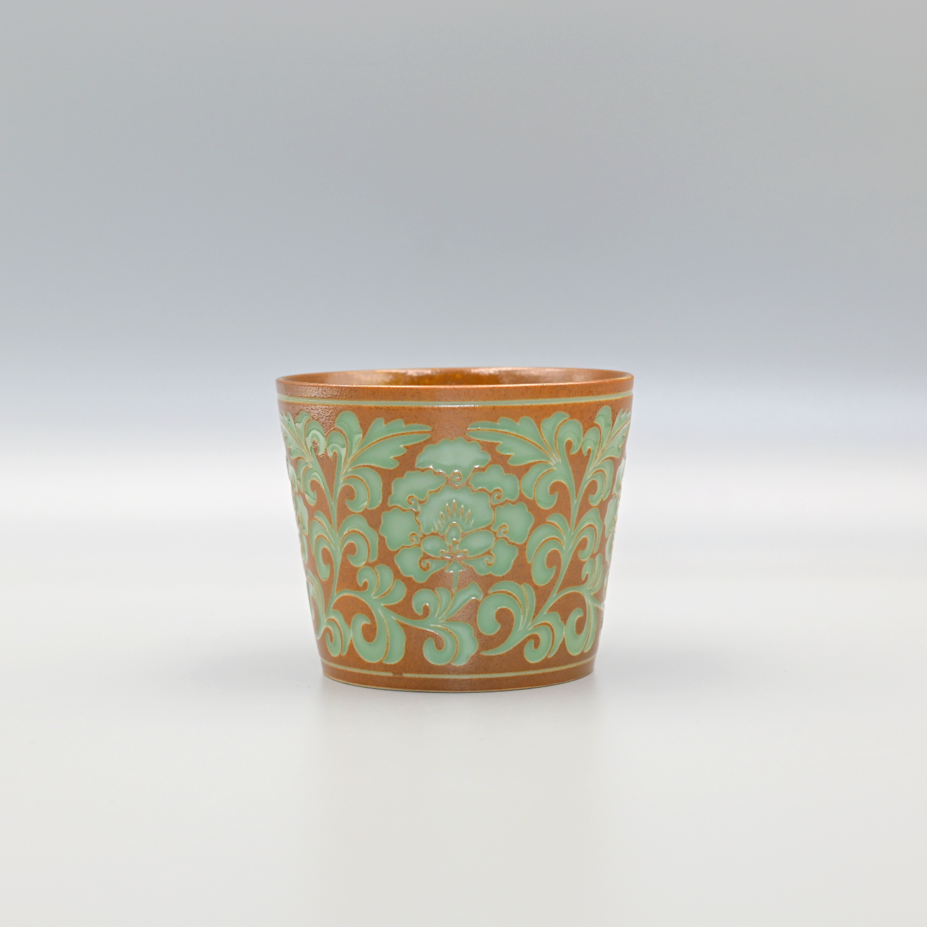 ceramic coffee mug for cappuccino – Longquan Celadon Peony Vine Large Teacup with Plant Ash Glaze by Kungfuyang