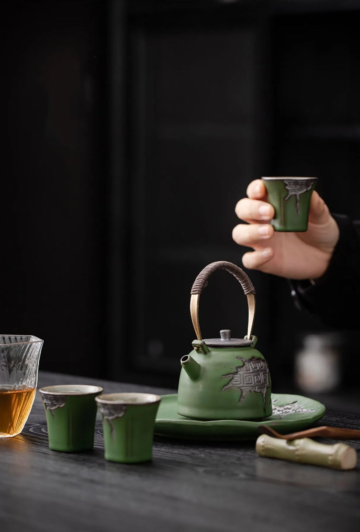 ceramic green tea set – Vintage Coarse Pottery Teaware with Celadon Glaze by Kungfuyang