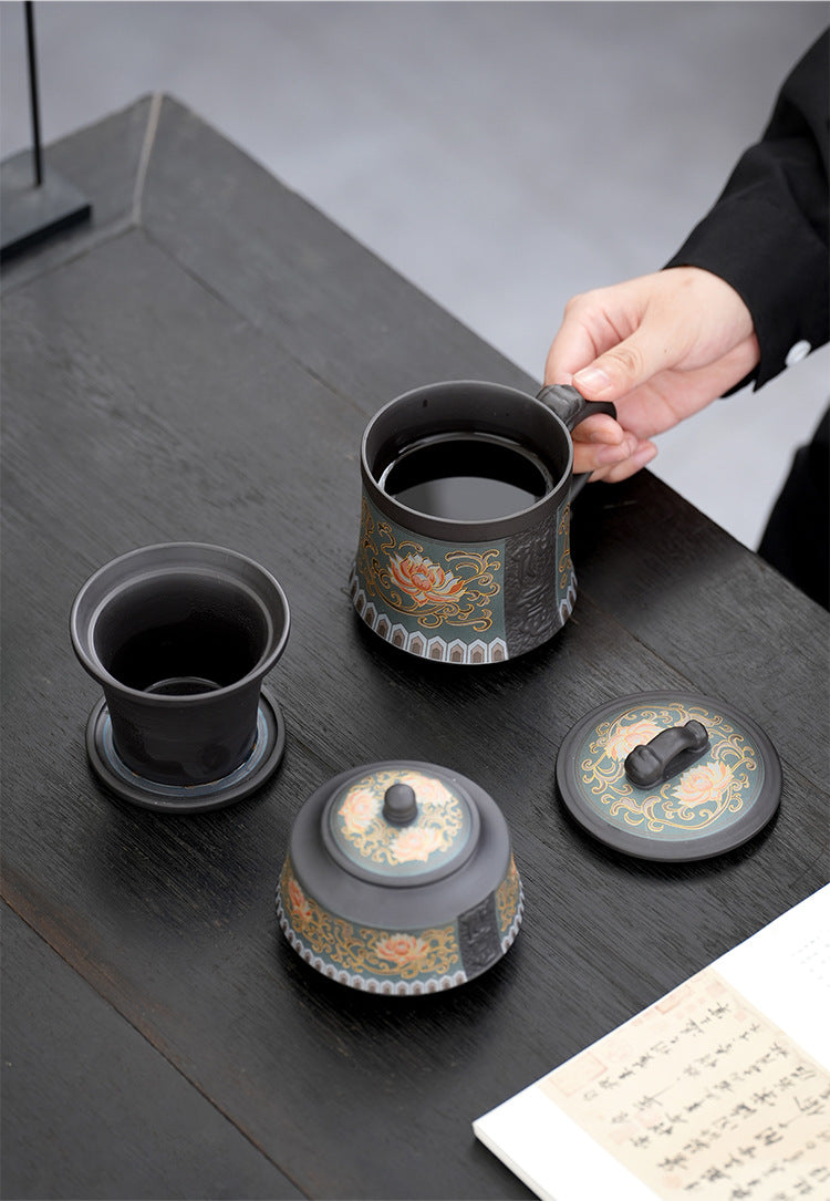 ceramic strainer tea set – Purple Clay Royal Lotus Patterned Teacup +Tea Can by Kungfuyang