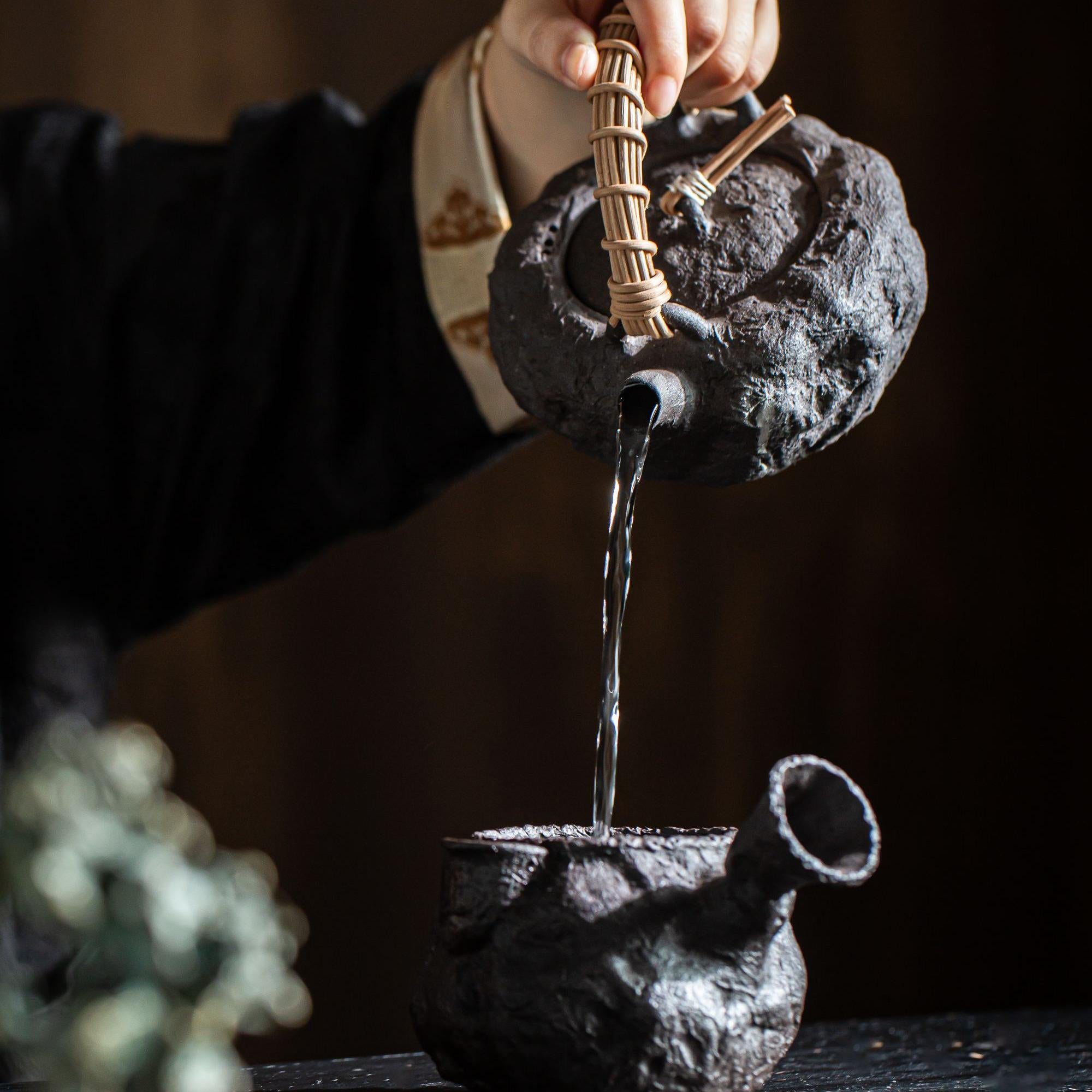 charcoal stove brewing session – Wabi-Sabi Rough Pottery Teapot & Stove Set by Kungfuyang