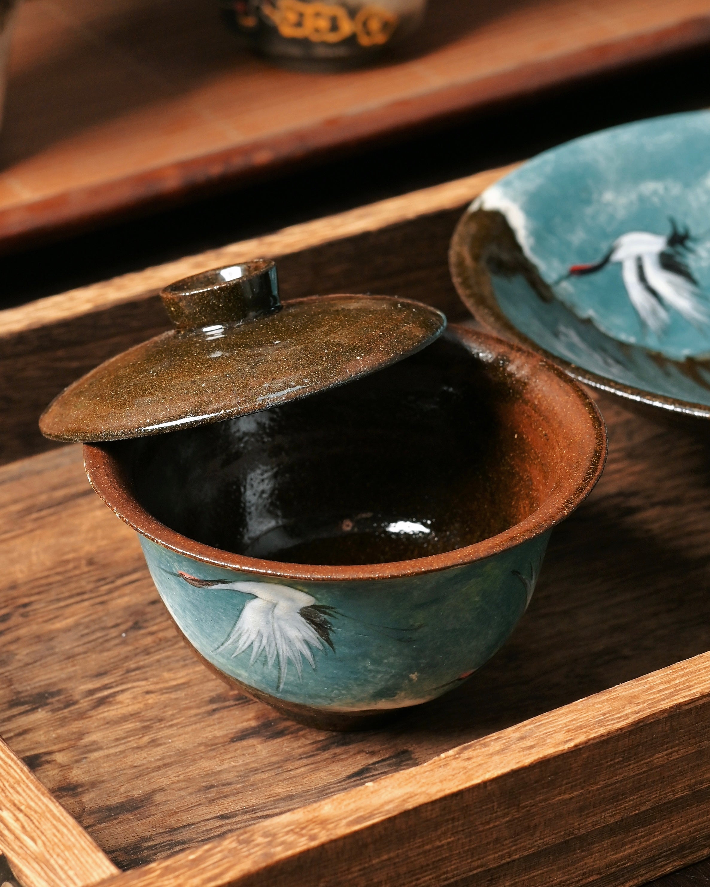 chinese style cranes motif gaiwan – Jingdezhen Hand-Painted Cranes Coarse Clay Gaiwan 120ml by Kungfuyang