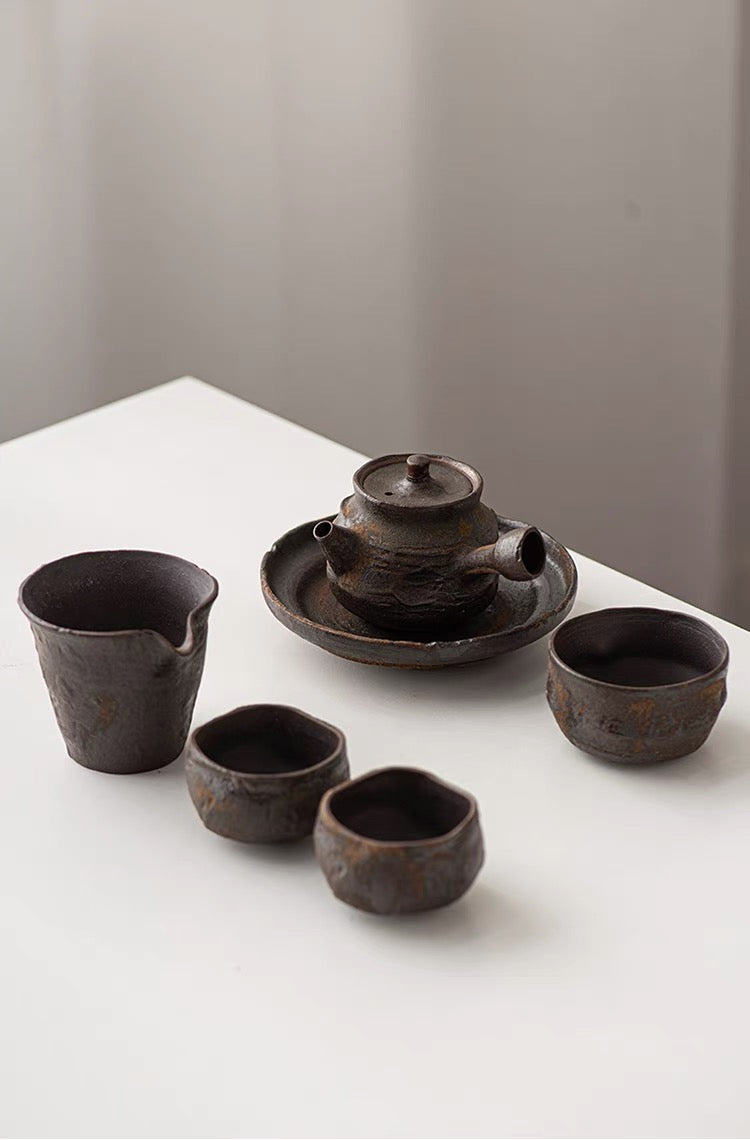 chinese traditional tea ceremony set – Wabi-Sabi Handcrafted Wood-Fired Coarse Clay Side-Handle by Kungfuyang