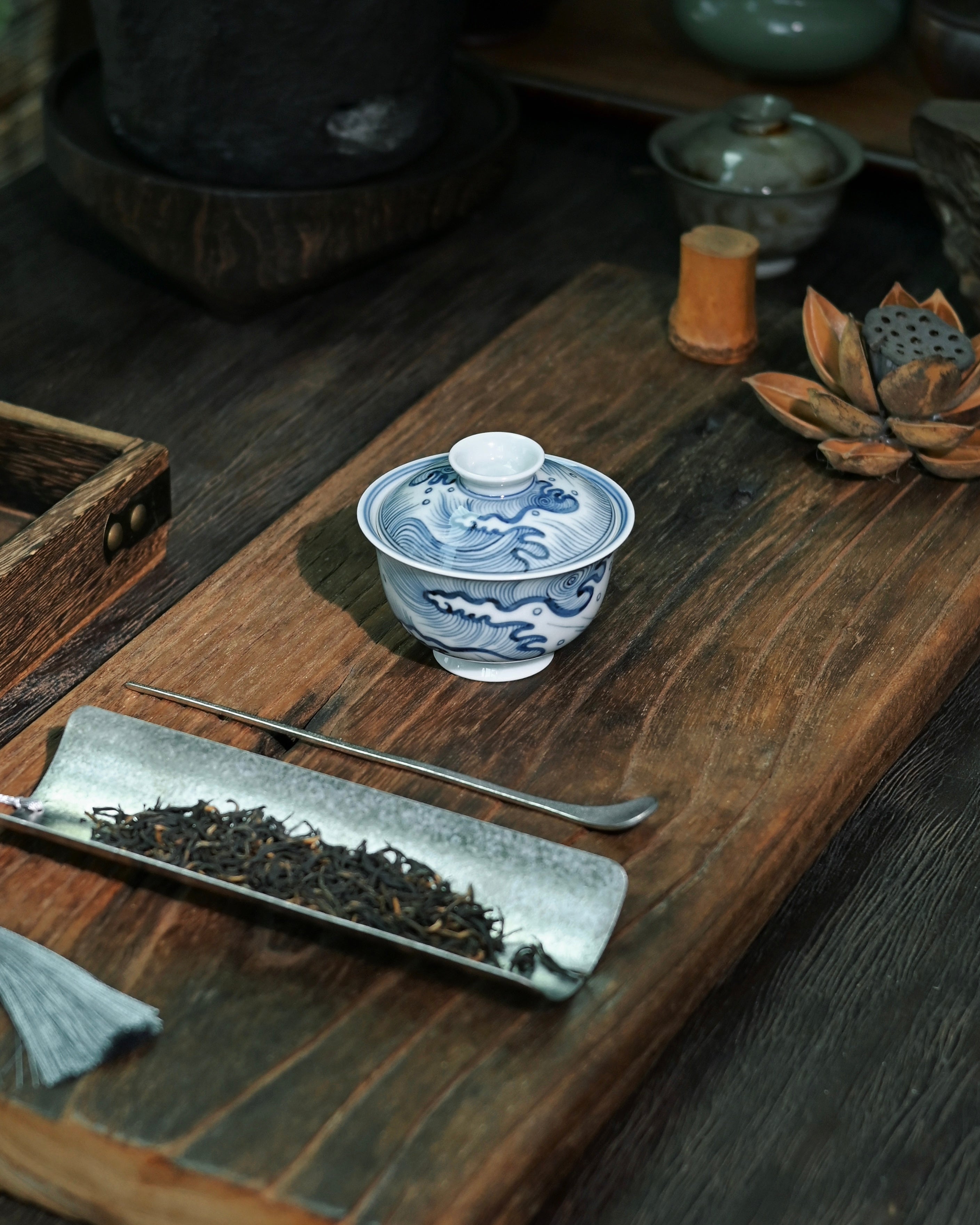 cobalt wave motif design tea bowl – Jingdezhen Hand-Painted Ming-Style Blue-and-White Wave Pattern by Kungfuyang