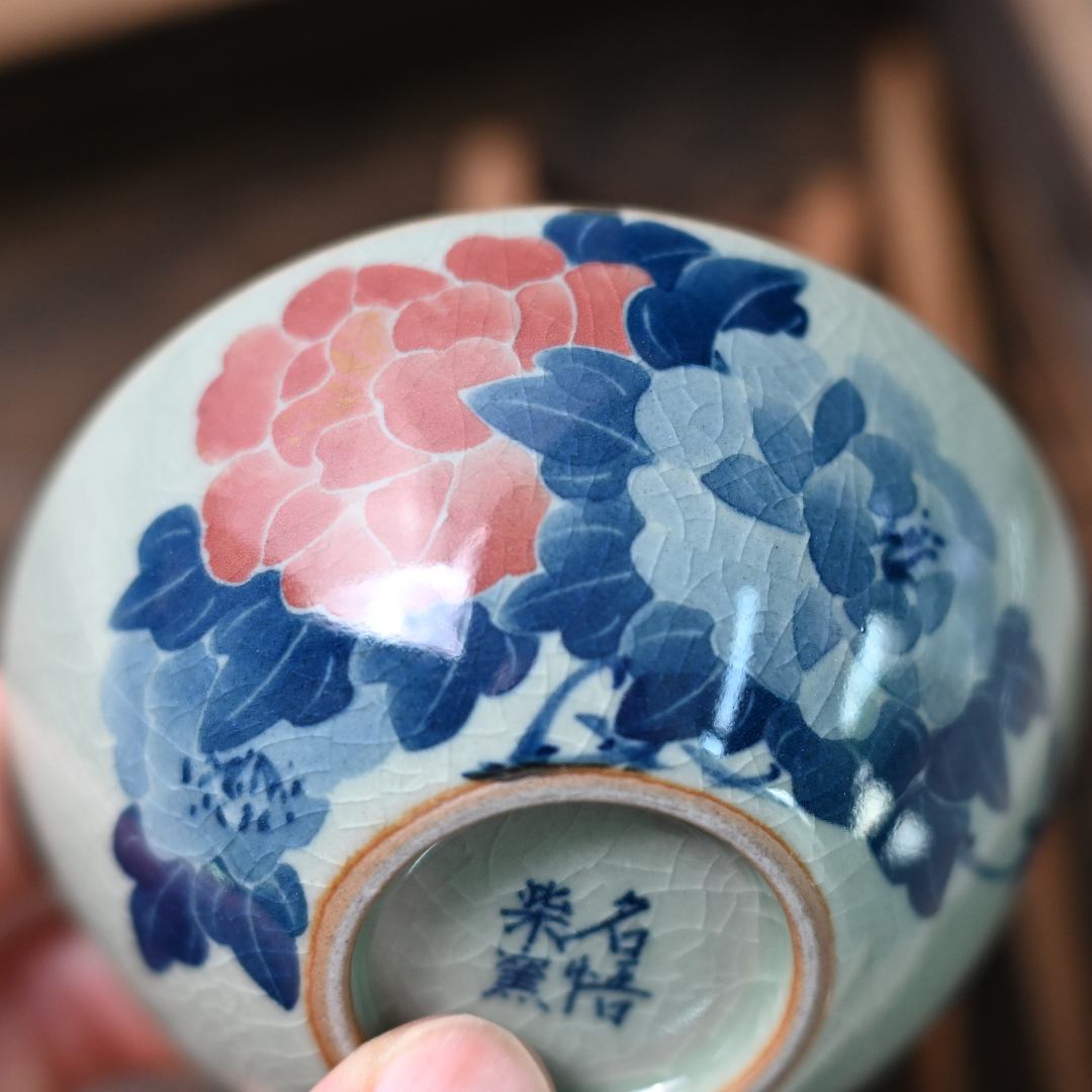 under glaze color painted ceramic teacup – Jingdezhen Wood-Fired Kiln Old Clay Hand-Painted Peony Blue by Kungfuyang
