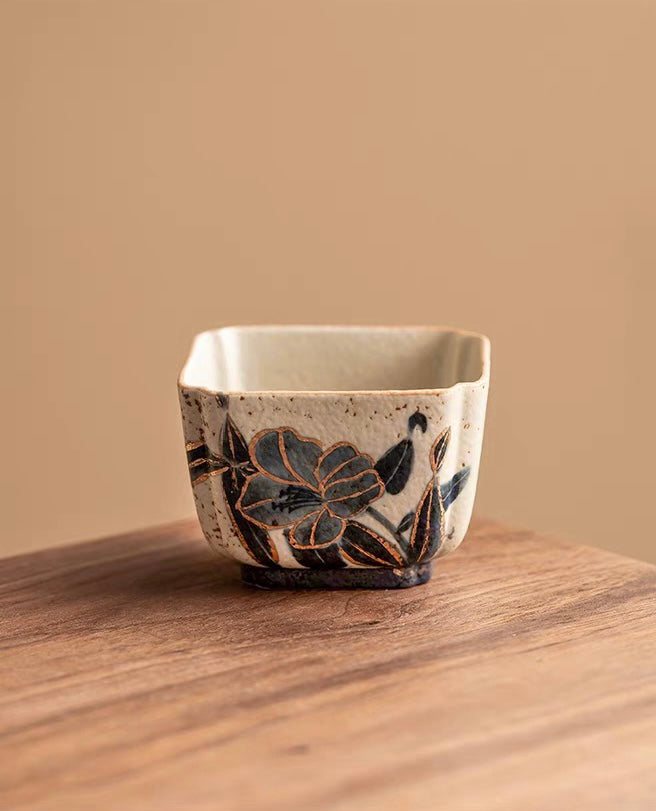 daffodils pattern ceramic tea cup – Old Clay Blue-and-White Volcanic Stone Caramel Glaze Square by Kungfuyang