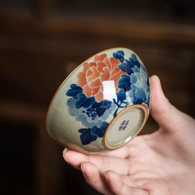 Kungfuyang Jingdezhen Wood-Fired Kiln Old Clay Hand-Painted Peony Blue and White Underglaze, detail 1