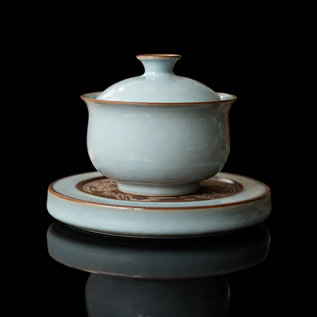 eleganter gaiwan auf schwarzem hintergrund – Ru Ware Sky-Blue Gaiwan Delicate "Cicada's Wing" Crackle Glaze by Kungfuyang