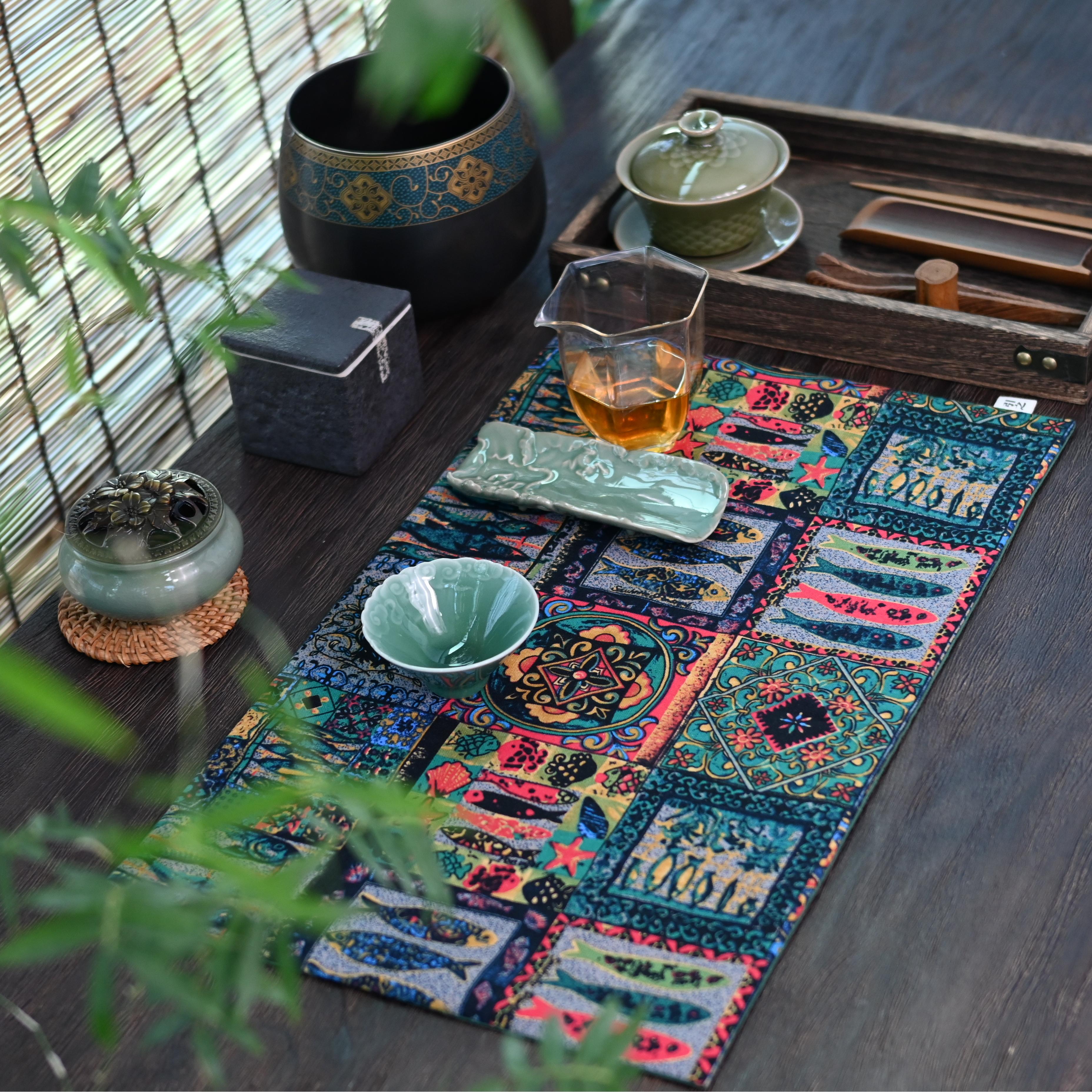 Kungfuyang Cotton and Linen Printed Absorbent Retro Tablecloth Teamat Fishes Pattern, detail 1