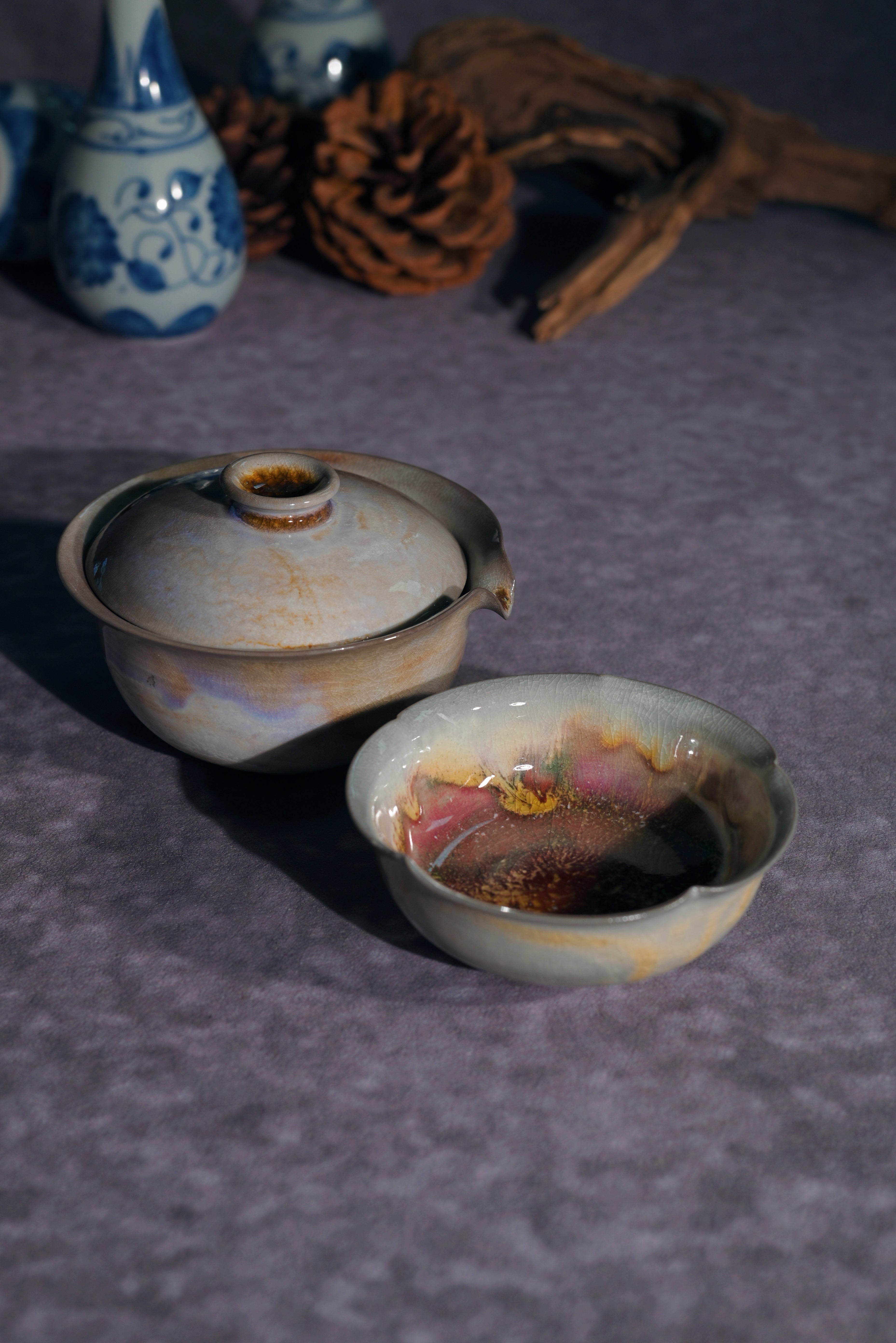 Kungfuyang Unique Piece Wood-Fired Aurora Gaiwan & Flower Cup Set 130ml, product view 13