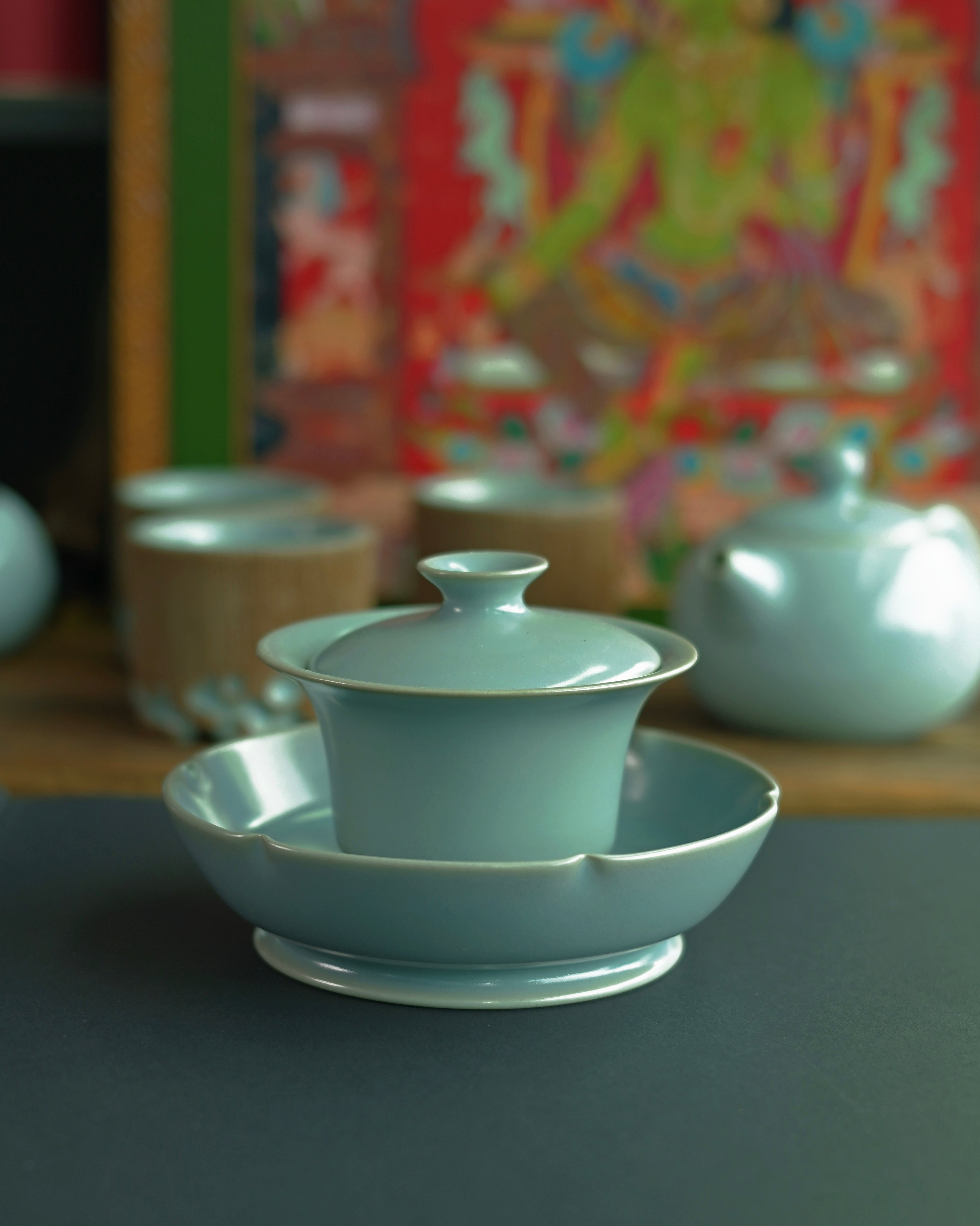 fine crackle pattern closeup – Unique Piece Ru Ware Sky-Blue Glaze Flower-rimmed Brush Washer by Kungfuyang