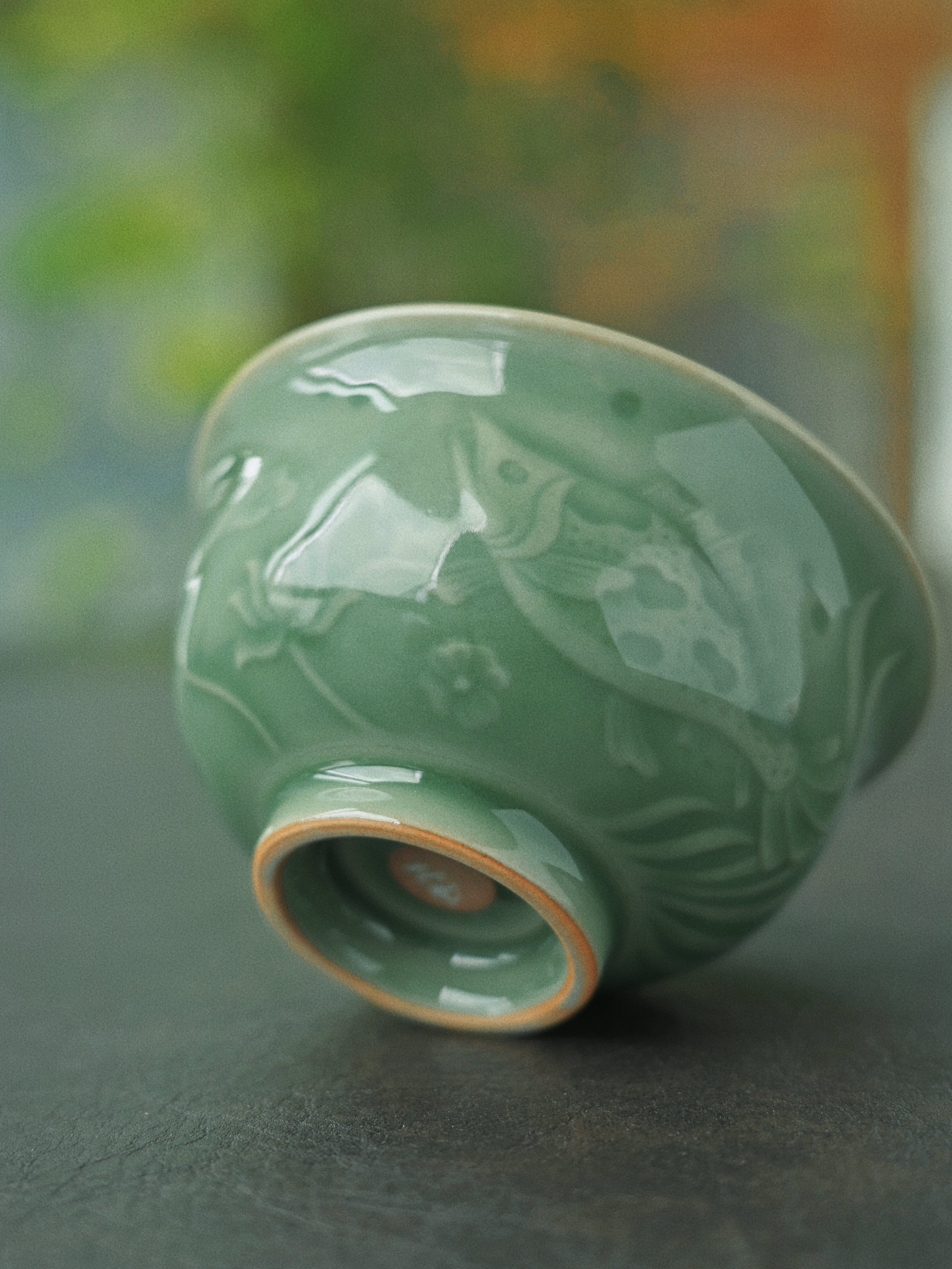 fish pattern longquan celadon press hand – Longquan Celadon Plum-Green Relief-Carved Flowers Press Hand by Kungfuyang