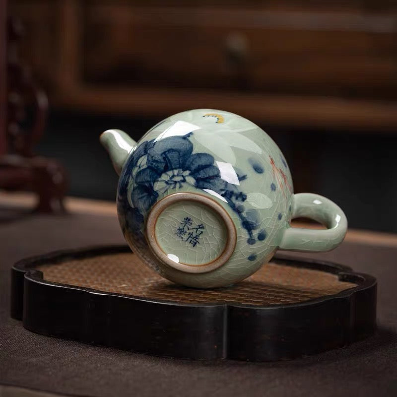 food safe underglaze painting teapot – Jingdezhen Wood-Fired Kiln Old Clay Handmade Lotus Blue and by Kungfuyang
