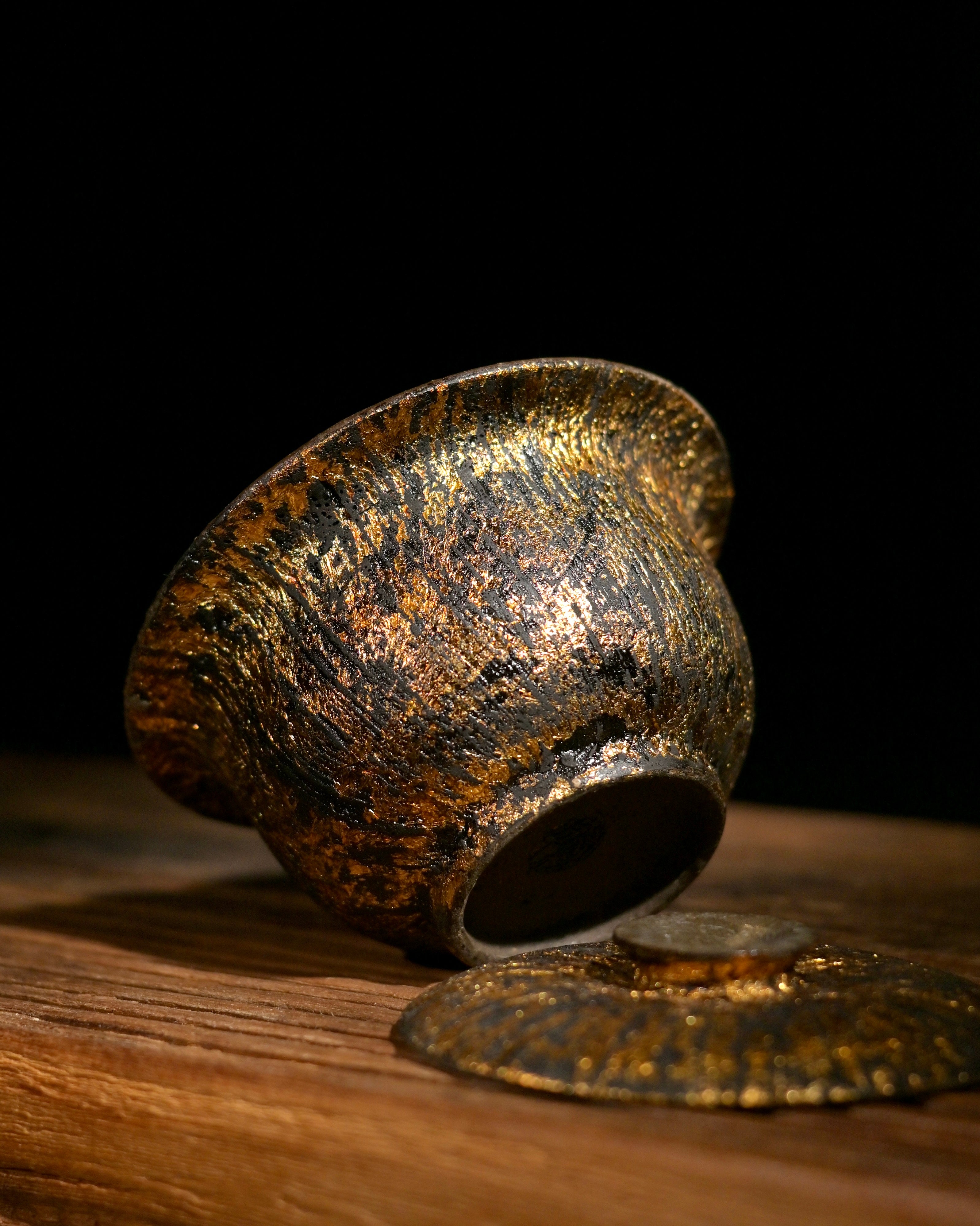 gaiwan hand painted gold streak texture – Unique Piece Handmade Raw Lacquer Gold Brush Coarse Clay by Kungfuyang