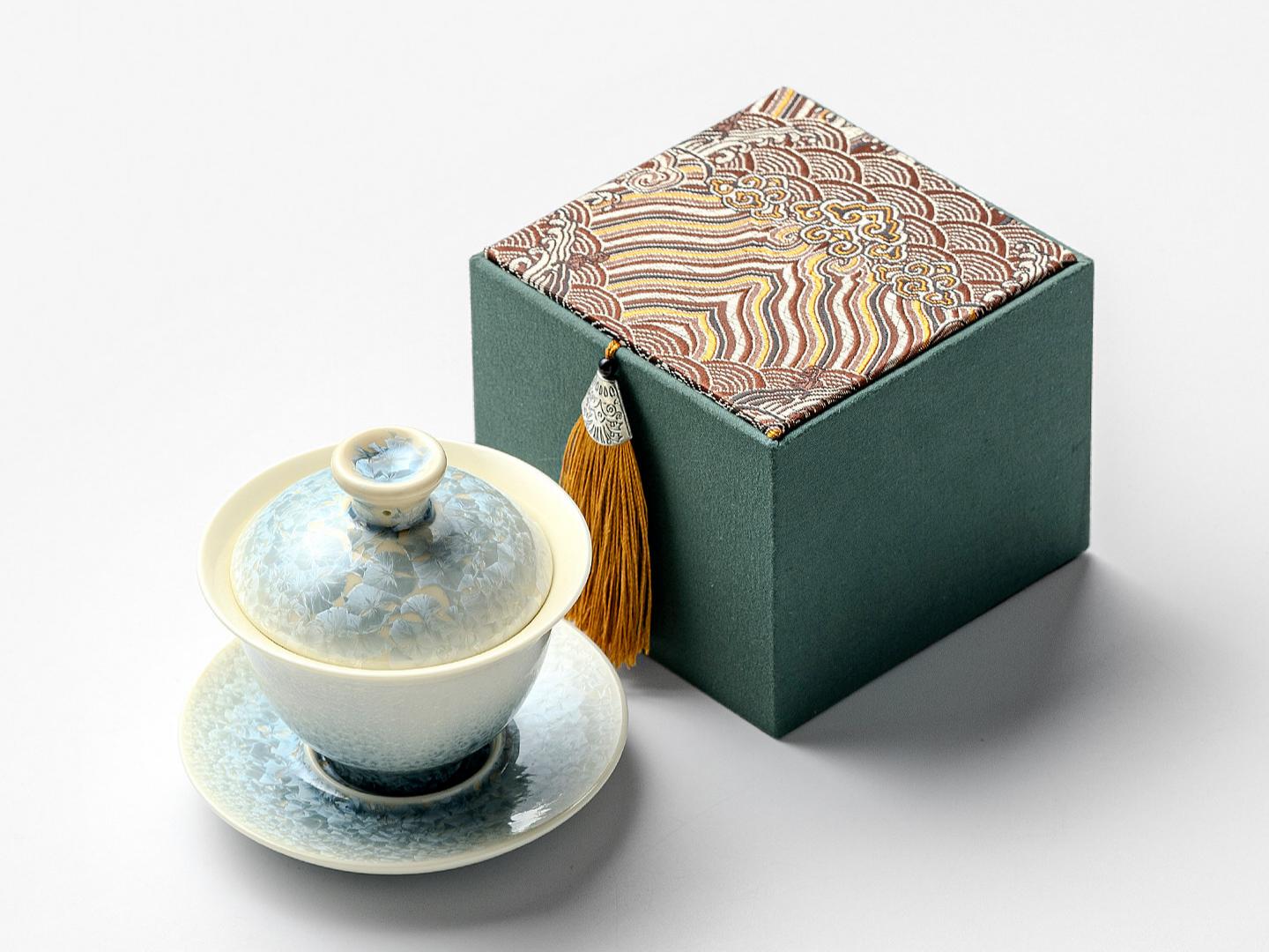 gaiwan Kungfuyang flower – Smoky Cyan Glaze Kiln-Change Crystal Ice Flower Teacup by Kungfuyang