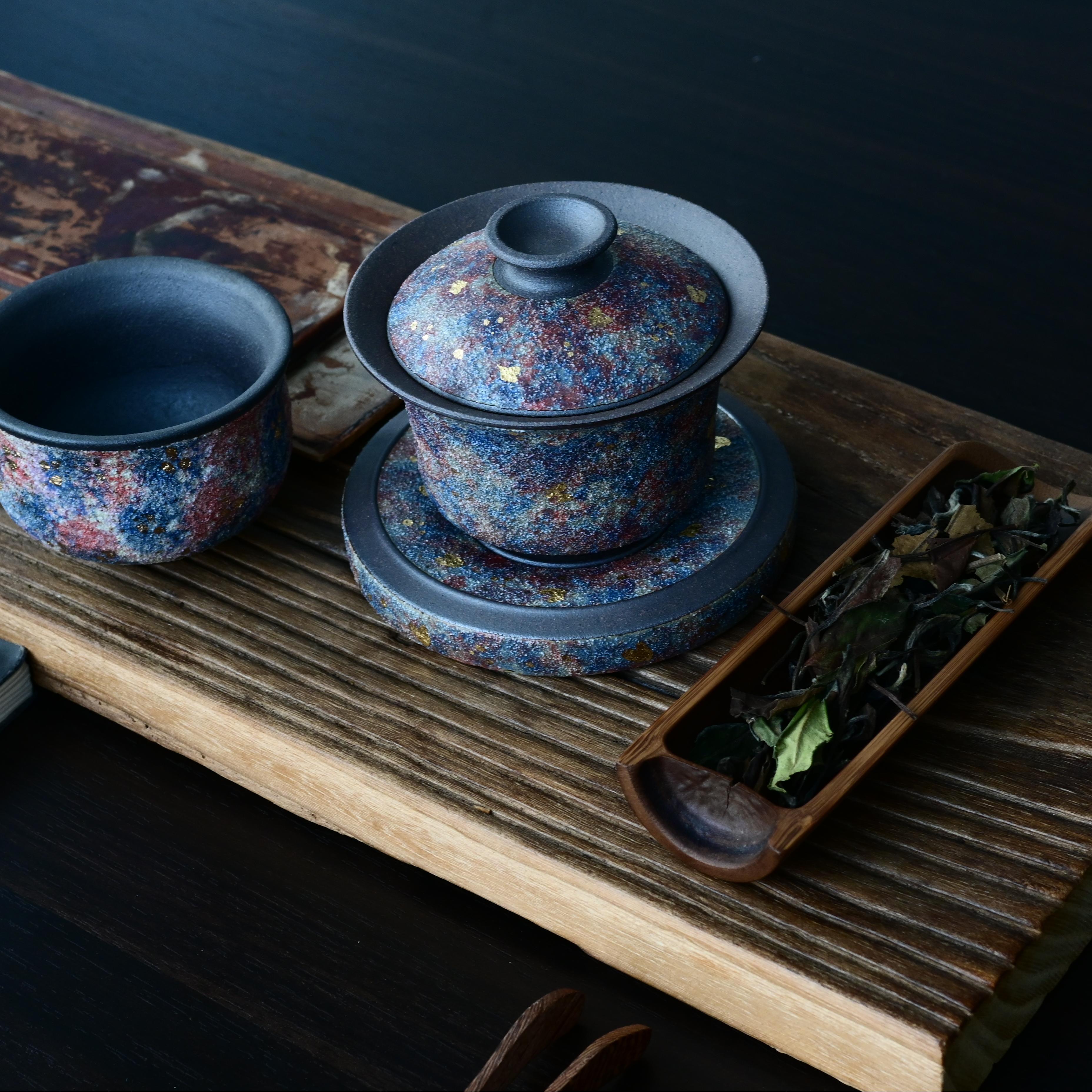 hand made yixing purple clay gaiwan set – Purple Clay Conbined with Rock Mineral Colorful Gold Detailing by Kungfuyang