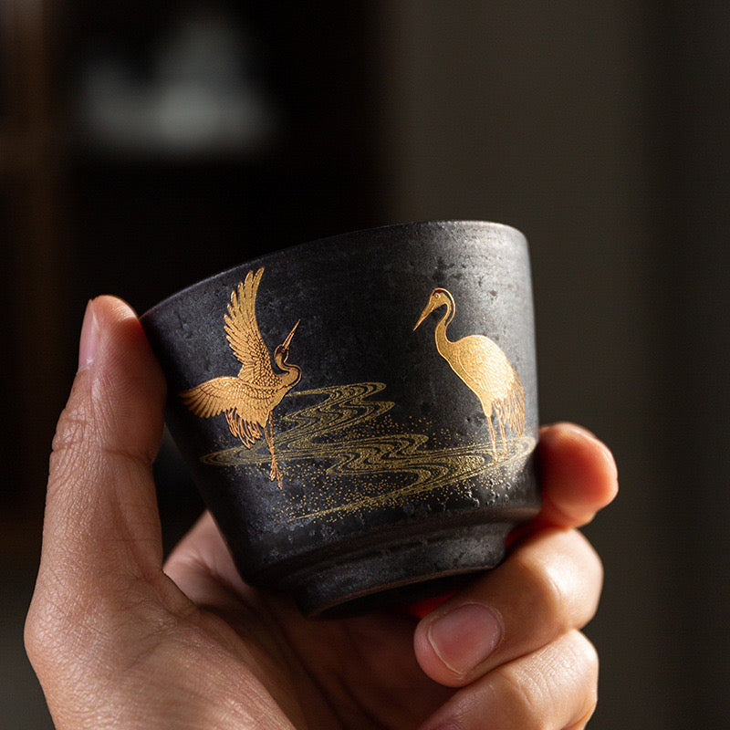 hand painted cranes pattern teacup – Jingdezhen Handcrafted Vintage Ceramic Teacup with by Kungfuyang