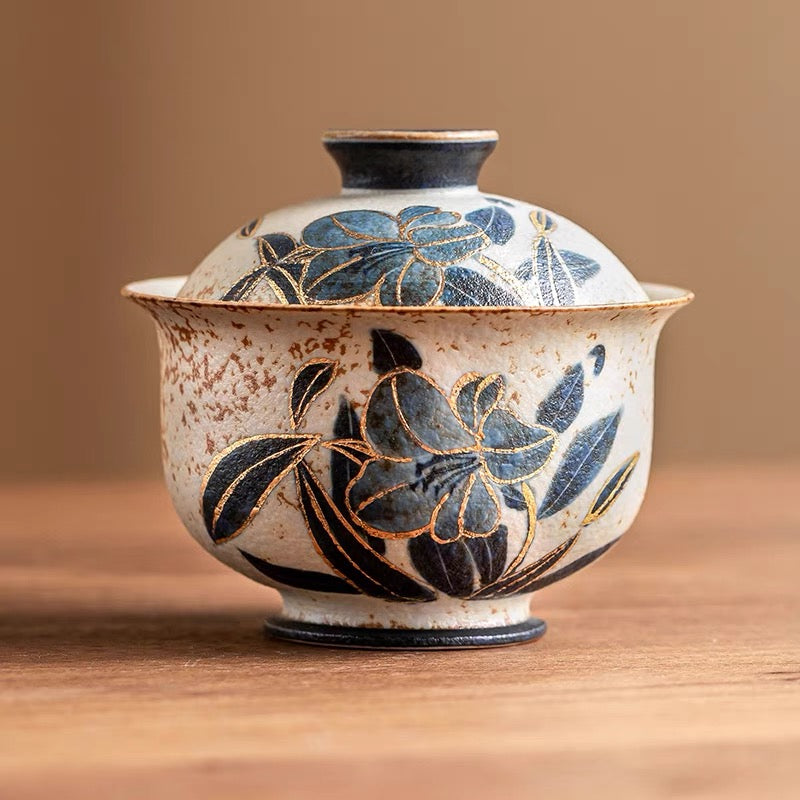 hand painted daffodils pattern gaiwan – Old Clay Blue-and-White Volcanic Stone Style Caramel Glaze by Kungfuyang