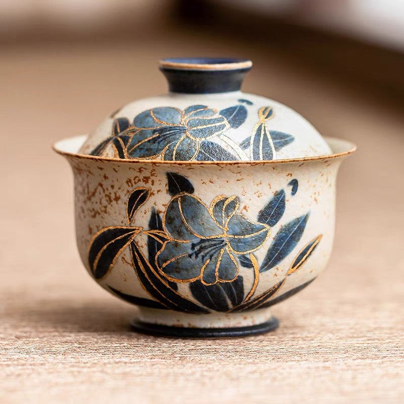 hand painted daffodils pattern tea bowl – Old Clay Blue-and-White Volcanic Stone Style Caramel Glaze by Kungfuyang