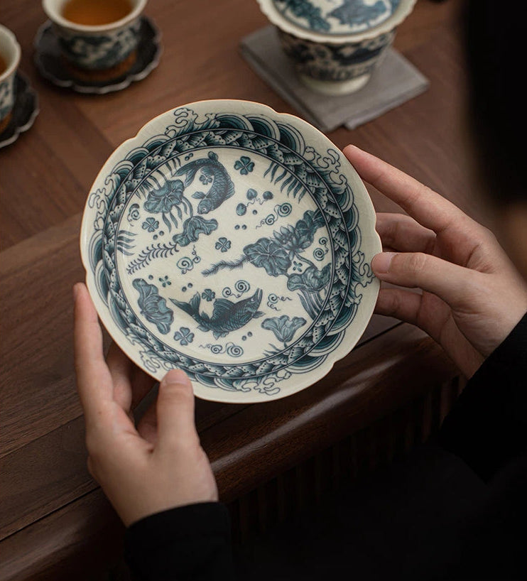 hand painted fish and seaweed crackle tea – Jingdezhen Hand-Painted Fish and Seaweed Crackle Tea Tray by Kungfuyang