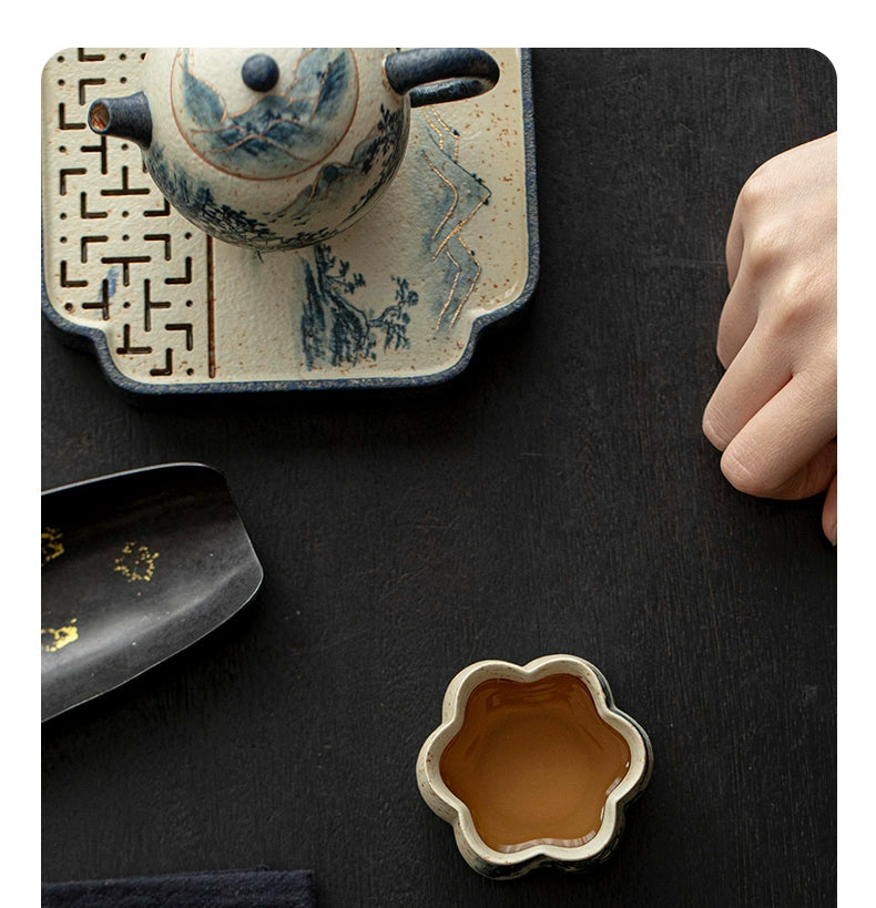 hand painted landscape petal shaped teacup – Hand-Painted Blue and White Porcelain Landscape Petal-shaped by Kungfuyang