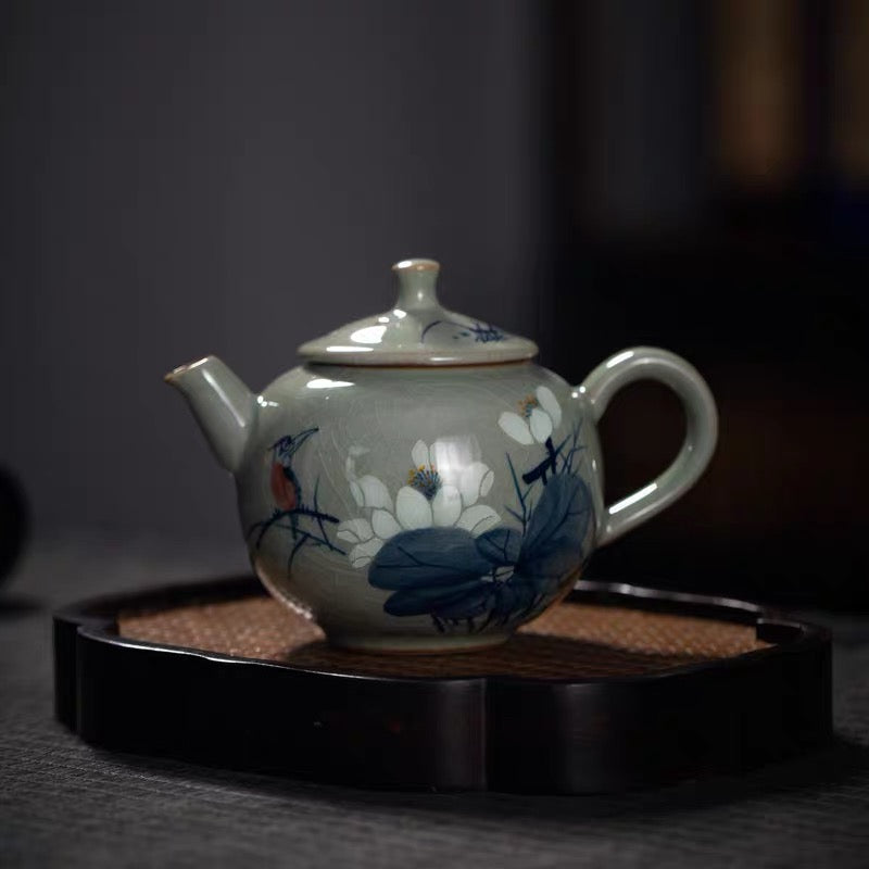hand painted lotus design teapot – Jingdezhen Wood-Fired Kiln Old Clay Handmade Lotus Blue and by Kungfuyang