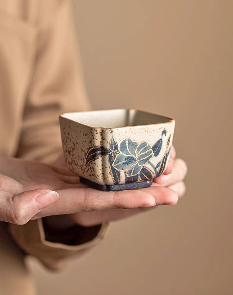 hand painted narcissus tea cup – Old Clay Blue-and-White Volcanic Stone Caramel Glaze Square by Kungfuyang