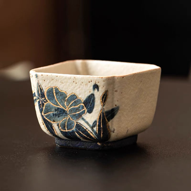 hand painted narcissus teacup – Old Clay Blue-and-White Volcanic Stone Caramel Glaze Square by Kungfuyang