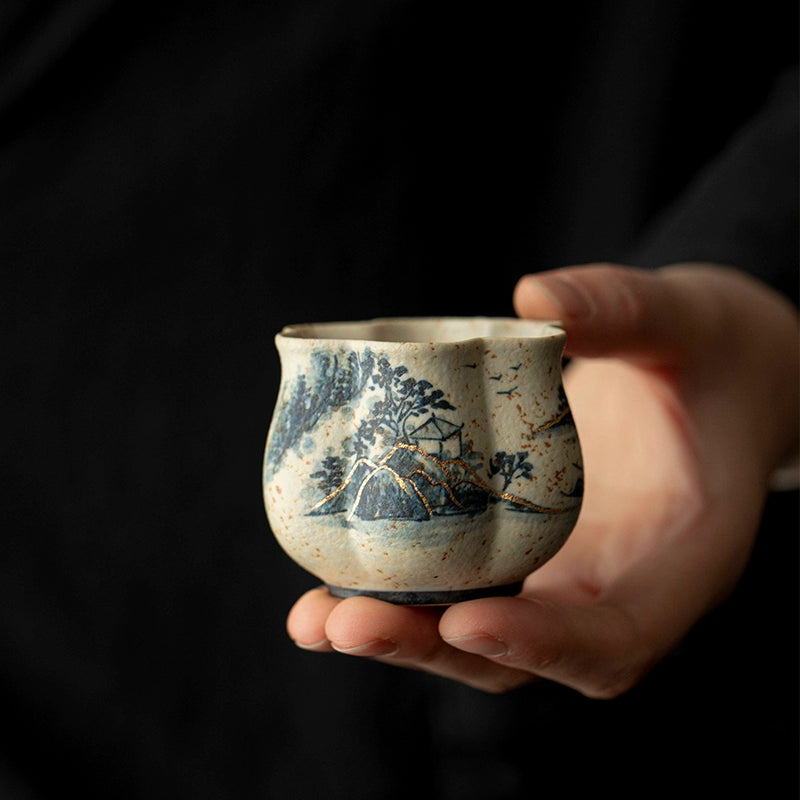 hand painted petal shaped teacup – Hand-Painted Blue and White Porcelain Landscape Petal-shaped by Kungfuyang