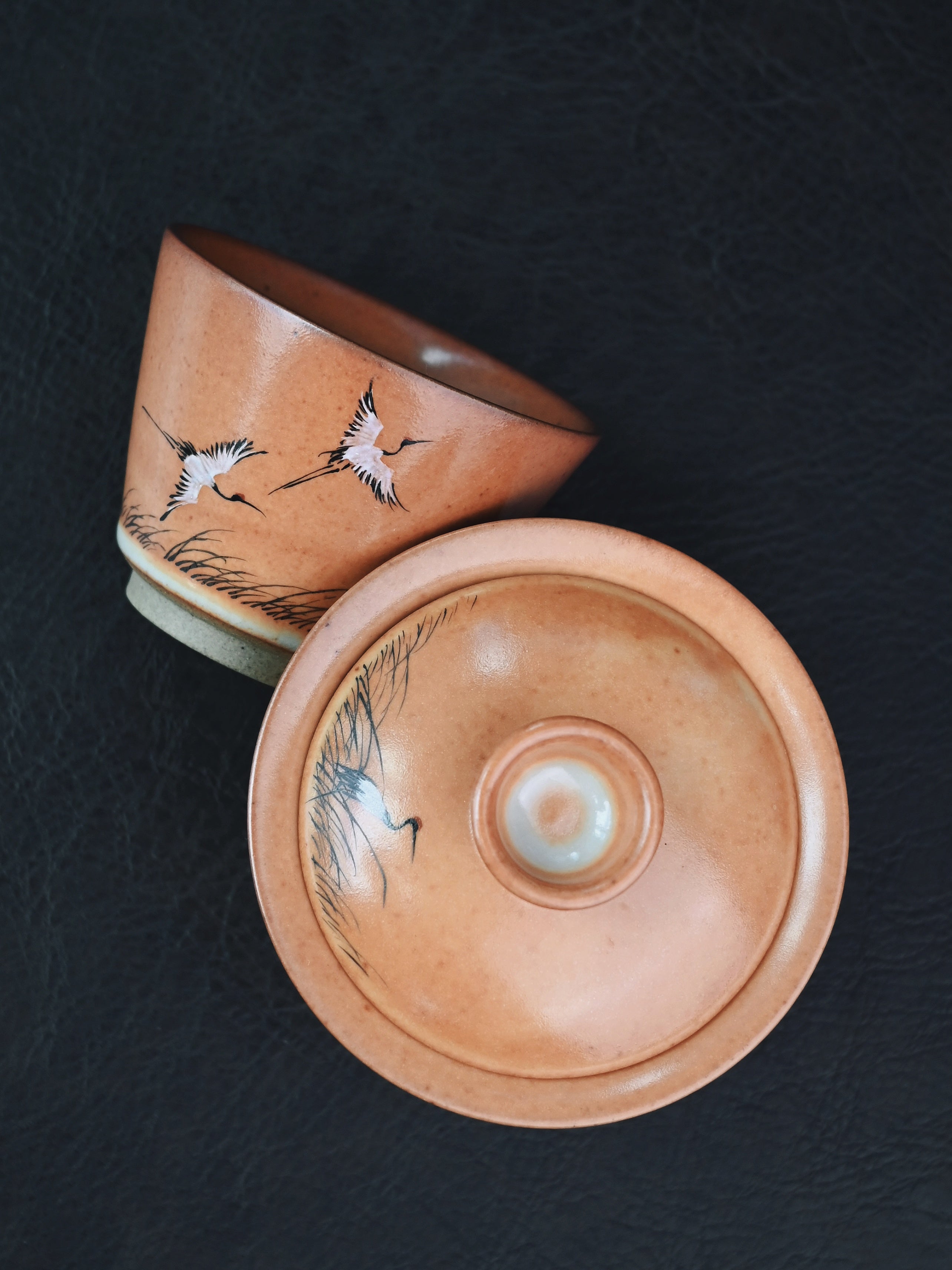 hand paintedceramic tea set – Shino Ware Hand-Painted Crane Gaiwan Set by Kungfuyang