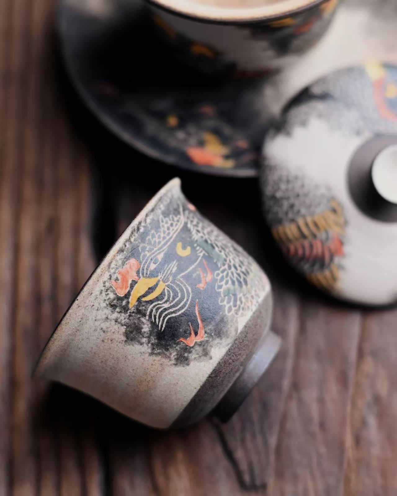handcrafted jingdezhen pheonix teacup – Jingdezhen Phoenix Rising Hand-Painted Clay Press-Hand Teacup by Kungfuyang