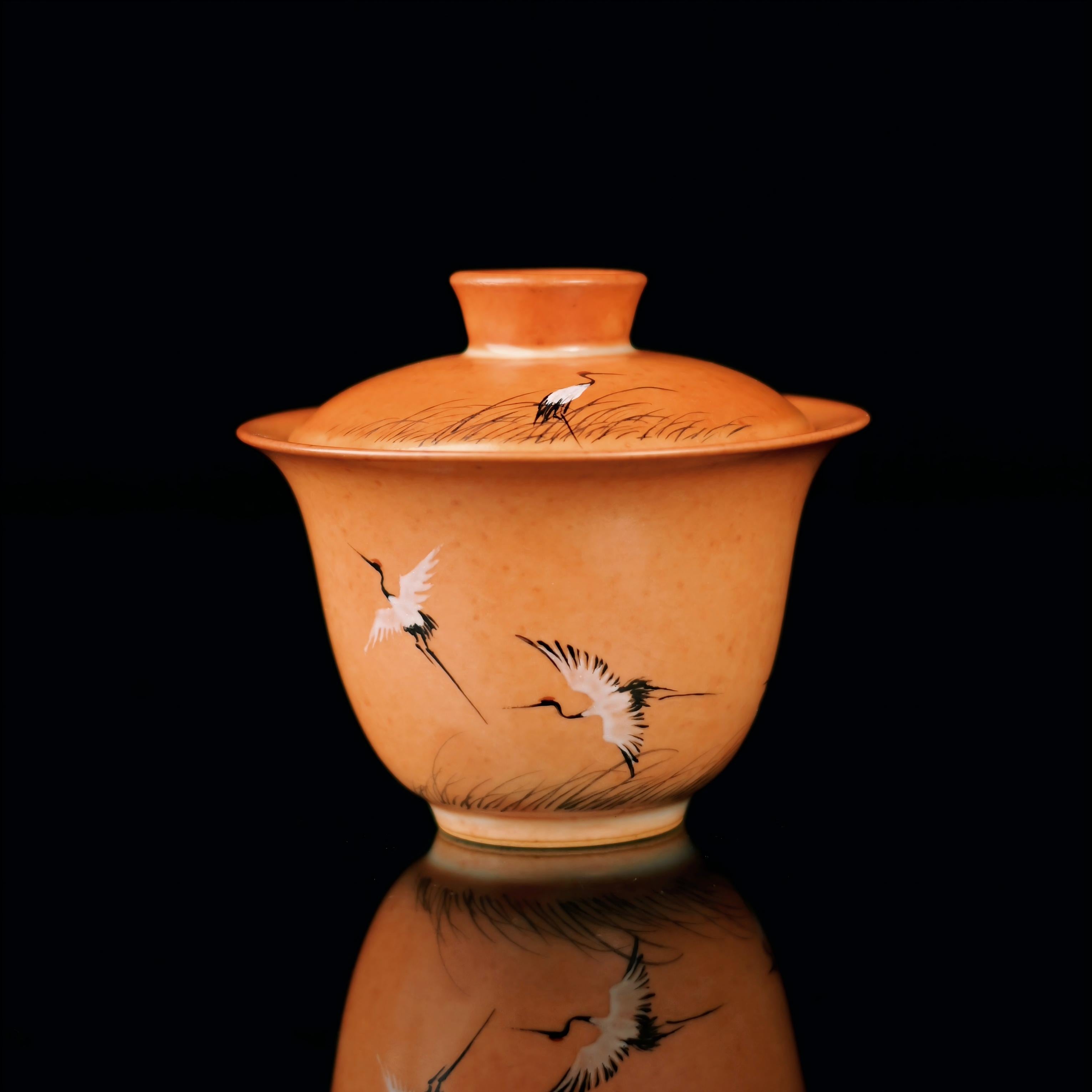 handcrafted retro design tea set – Shino Ware Hand-Painted Crane Gaiwan Set by Kungfuyang