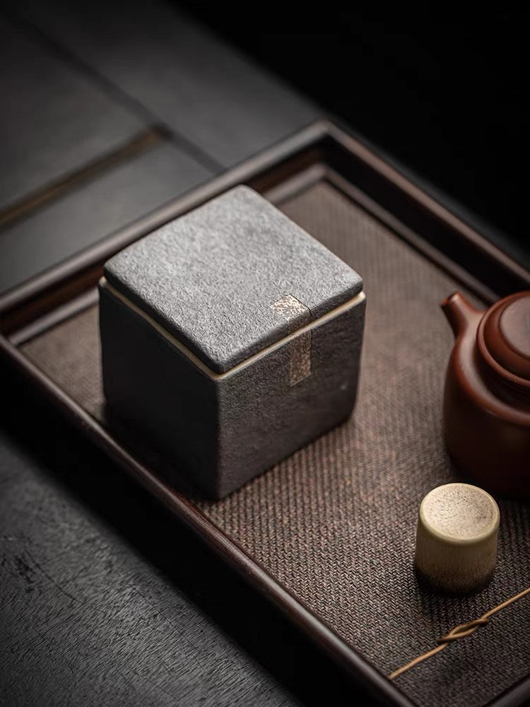 handcrafted unglazed tea caddy – Retro Pottery Square Tea Canister Made of Raw Clay by Kungfuyang
