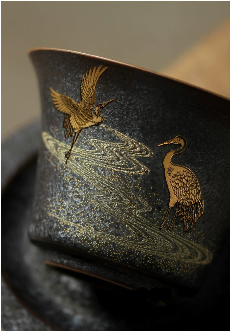 handmade vintage gilded double crane – Jingdezhen Handmade Vintage Gilded Double Crane Gaiwan by Kungfuyang