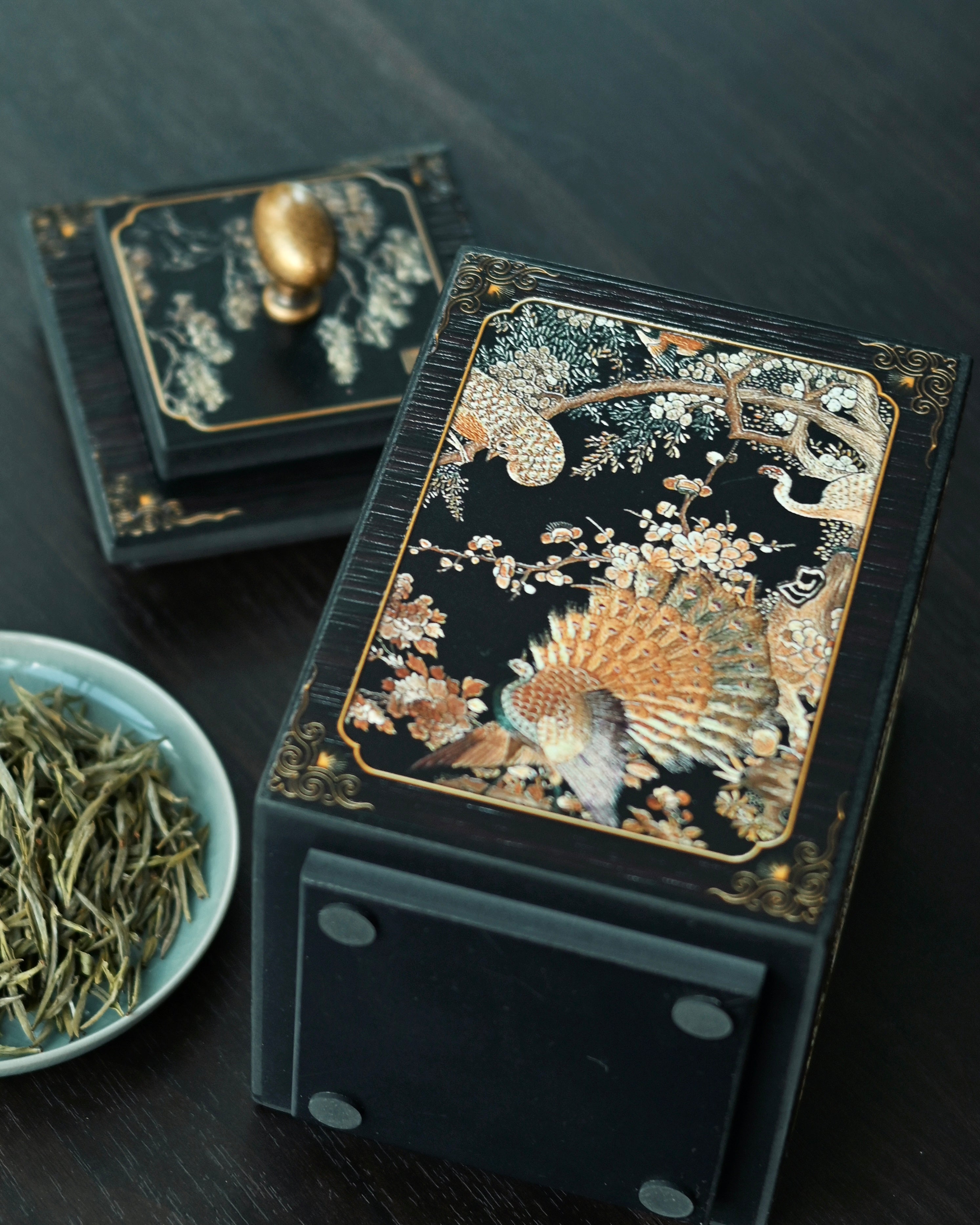 hundred birds phoenix design – Retro 'Hundred Birds Worshipping Phoenix' Tea Caddy by Kungfuyang
