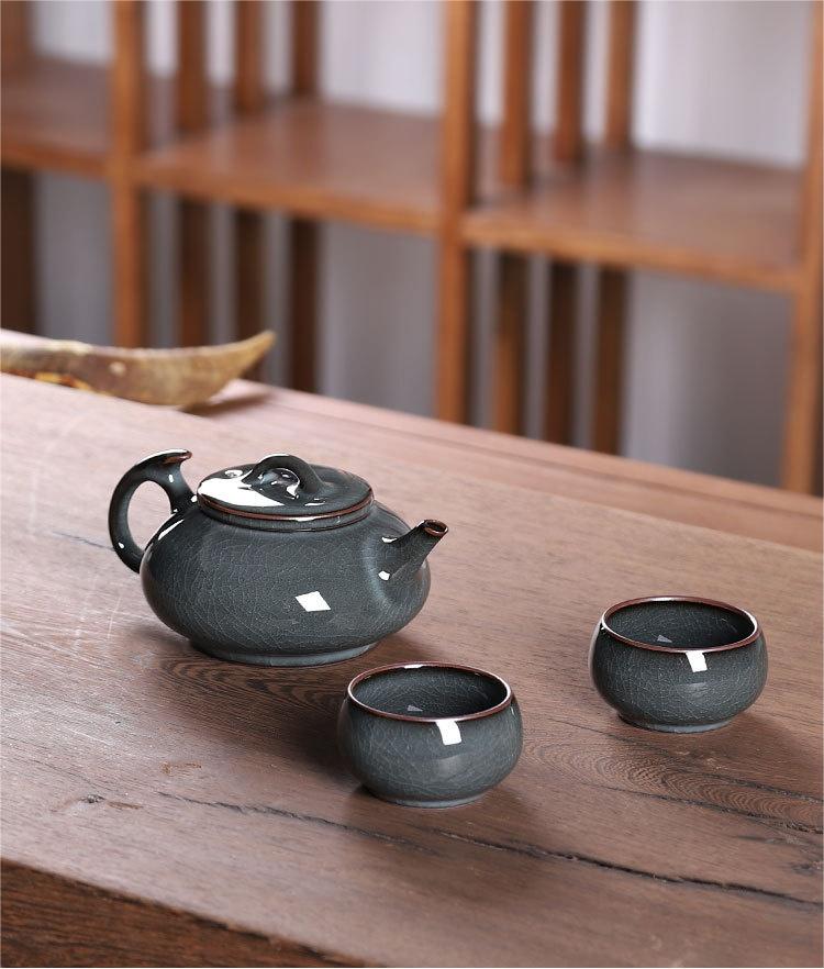 iron clay dark green celadon tea set – 3pcs in 1 Handmade Ge kiln Celadon Iron Clay Tea Set by Kungfuyang
