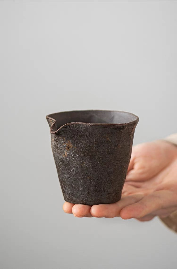 japanese chahai fairness cup – Wabi-Sabi Handcrafted Wood-Fired Coarse Clay Side-Handle by Kungfuyang