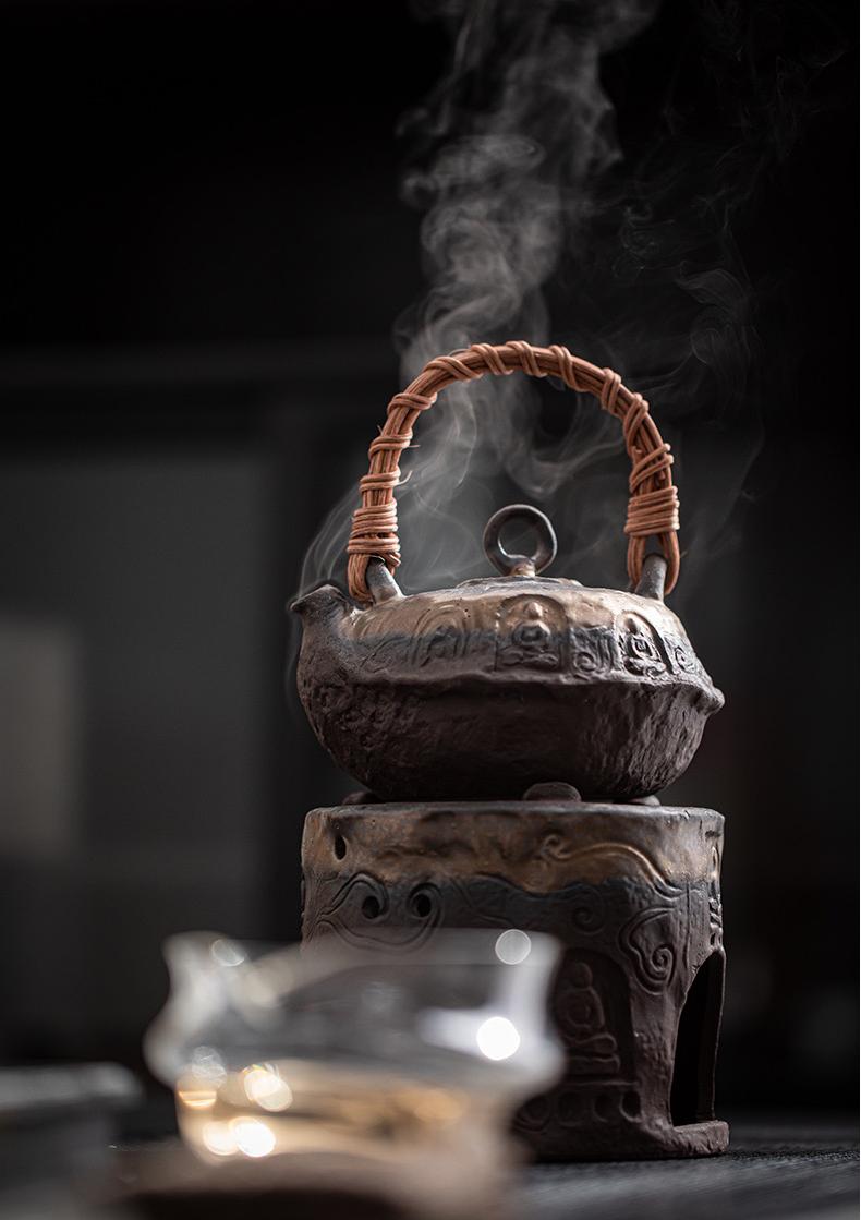 japanese retro teapot for chado – Wabi-sabi Style Rustic Clay Retro Handle Teapot and Alcohol by Kungfuyang