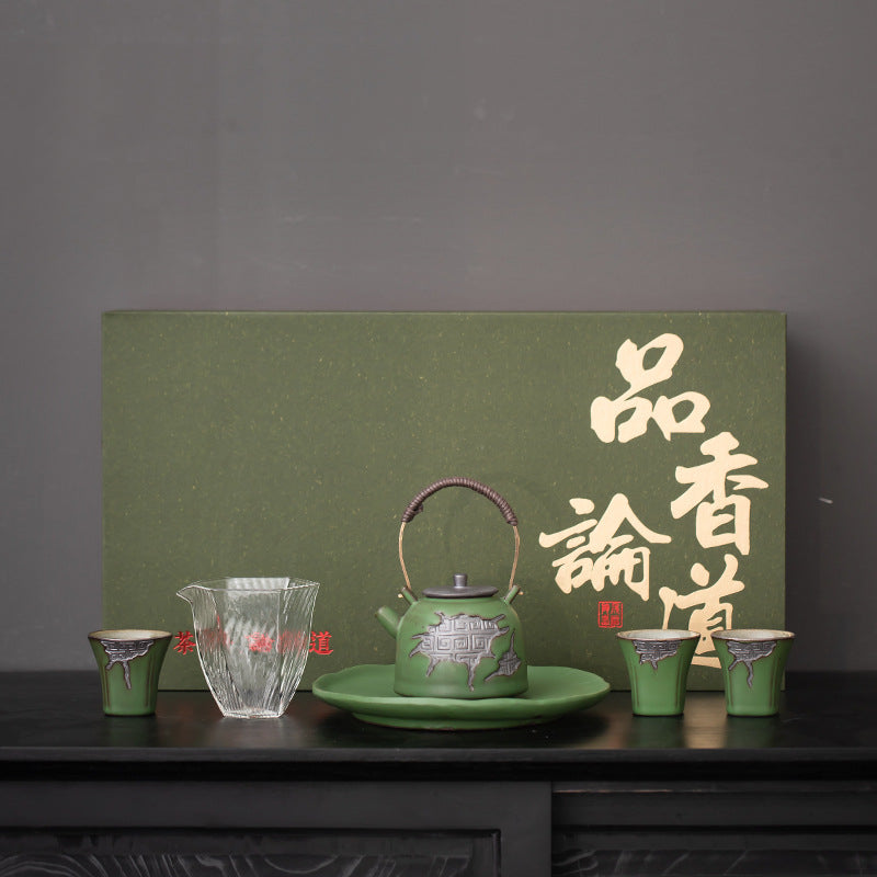 japanese style ceramic handle teapot – Vintage Coarse Pottery Teaware with Celadon Glaze by Kungfuyang
