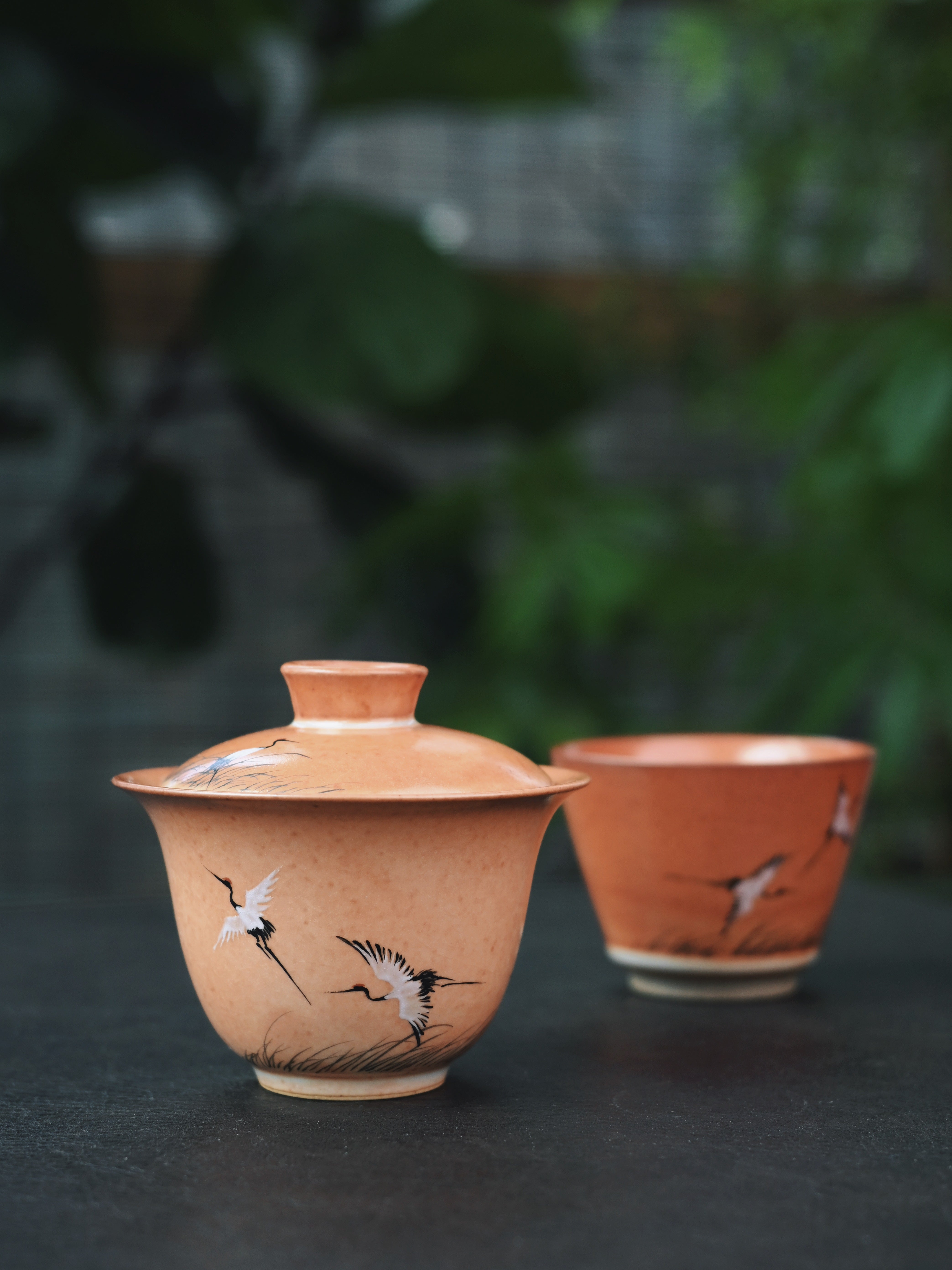 japanese style handcrafted clay tea set – Shino Ware Hand-Painted Crane Gaiwan Set by Kungfuyang